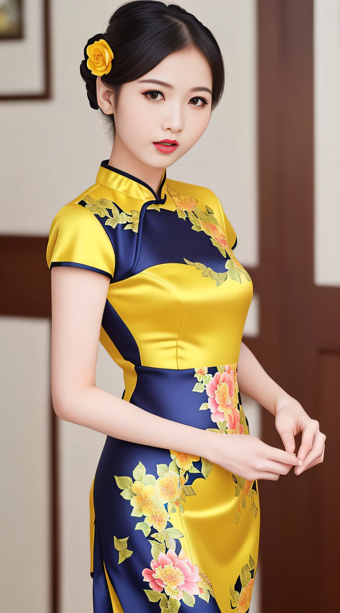 Photo of yellow cheongsam woman with floral motif, best quality, masterpiece, (Realisticity: 1.2)