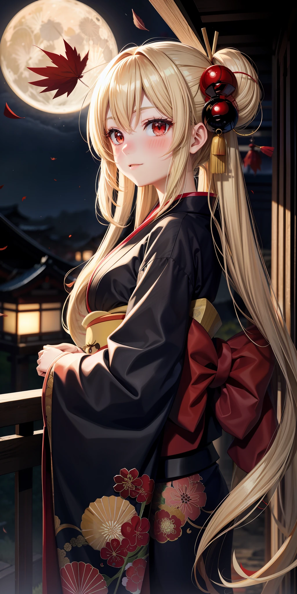 anime, single girl, blonde, long hair, red eyes, kamimeki, blush, kyoto, autumn leaves, moon, kimono