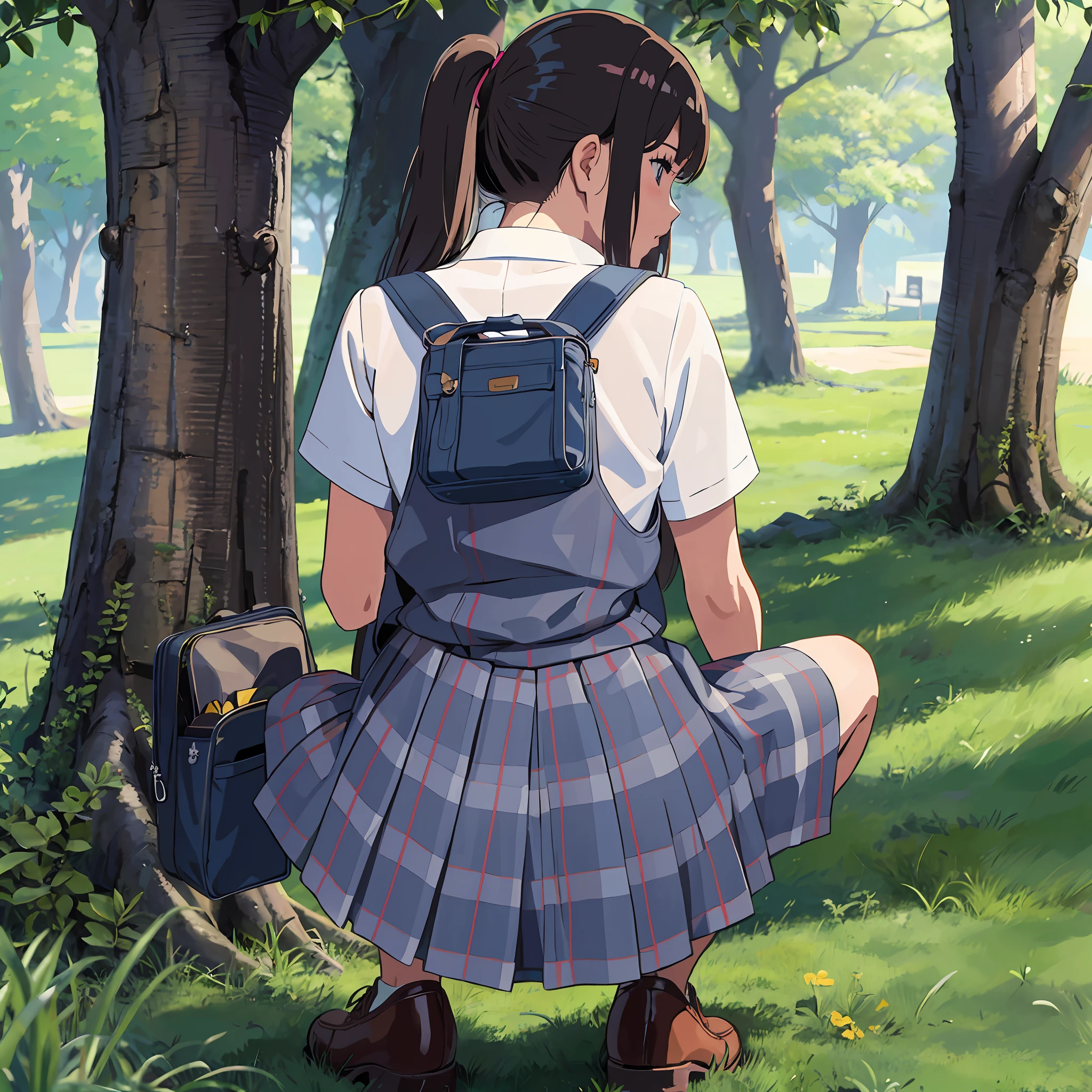 A girl with wet buttocks is squatting in the grass.