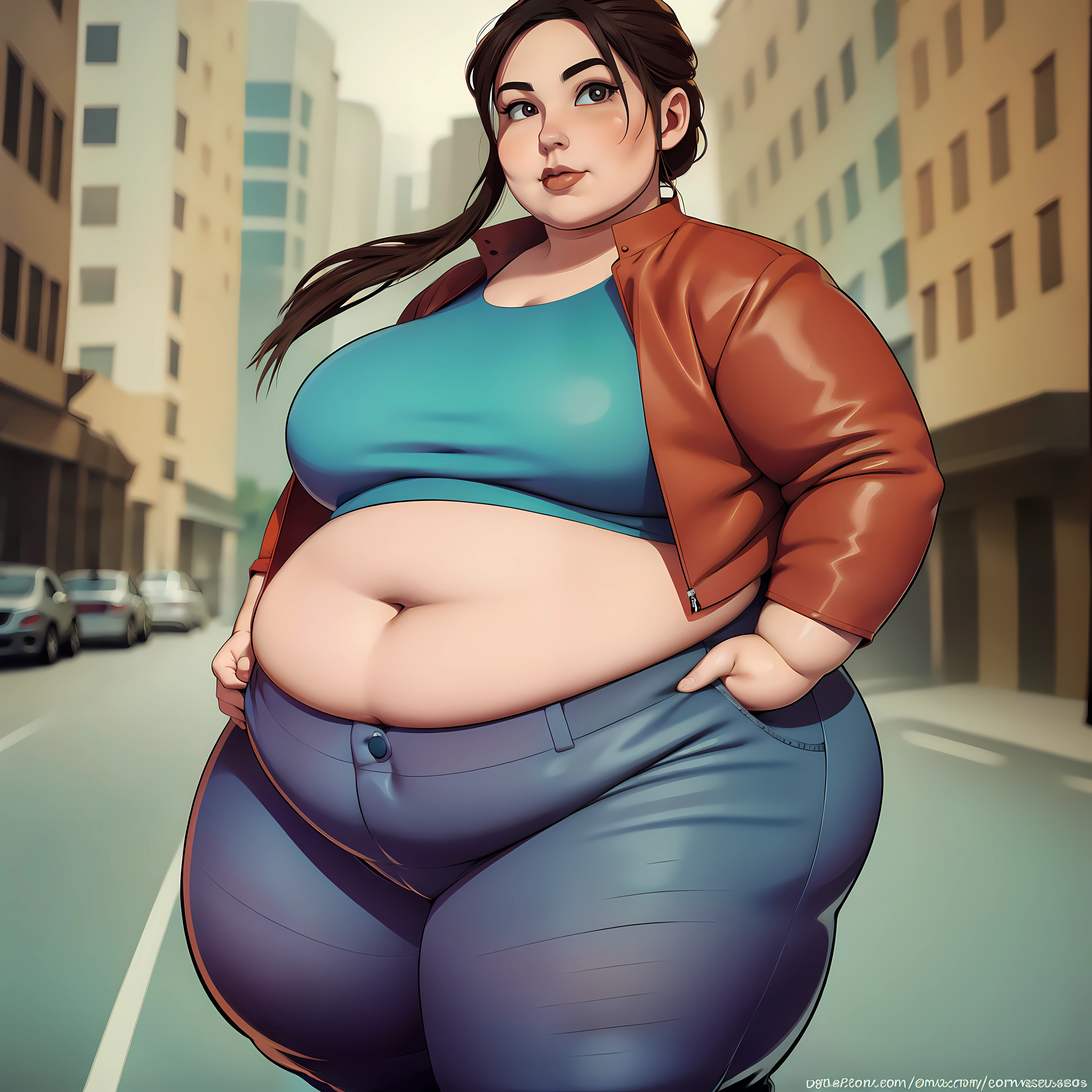 cartoon of a fat woman in a small red jacket and jeans, she has a jiggly fat round belly, insanely inflated hips, thicc, her belly is fat and round, big belly, fat woman, cel shaded!!!, obese ), extremely plump, big stomach, bloated, full body portrait of a short!, fullbody commission for, obese