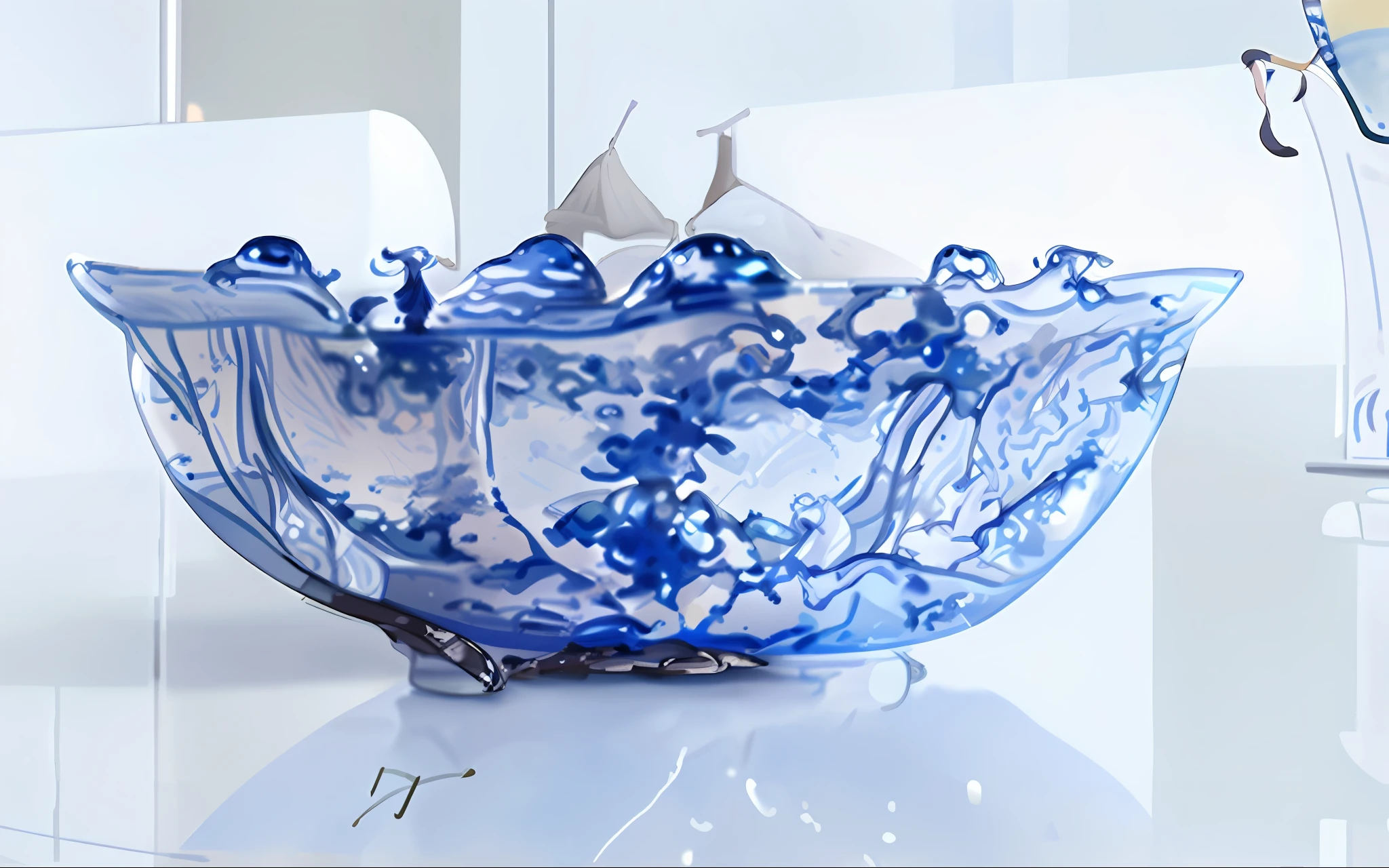 there is a blue and white bowl on a table with a lamp, liquid sculpture, by Zofia Stryjenska, inspired by Liu Haisu, award winning ”, award winning”, by Siona Shimshi, glass sculpture, boat, delftware, murano glass sculpture, by Matija Jama, made purely out of water, vessels, ocean
