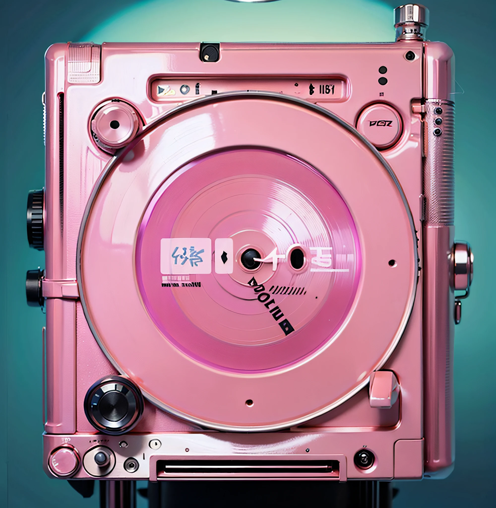 there is a pink turntable with a record on it, turntablist, turntables, dj, (pink colors), photorealistic - h 6 4 0, official artwork, year 2 0 4 0, pink headphones, kano), highly detailed-h 704, ghetto blaster, haruno sakura, portrait c 12.0, by jeonseok lee