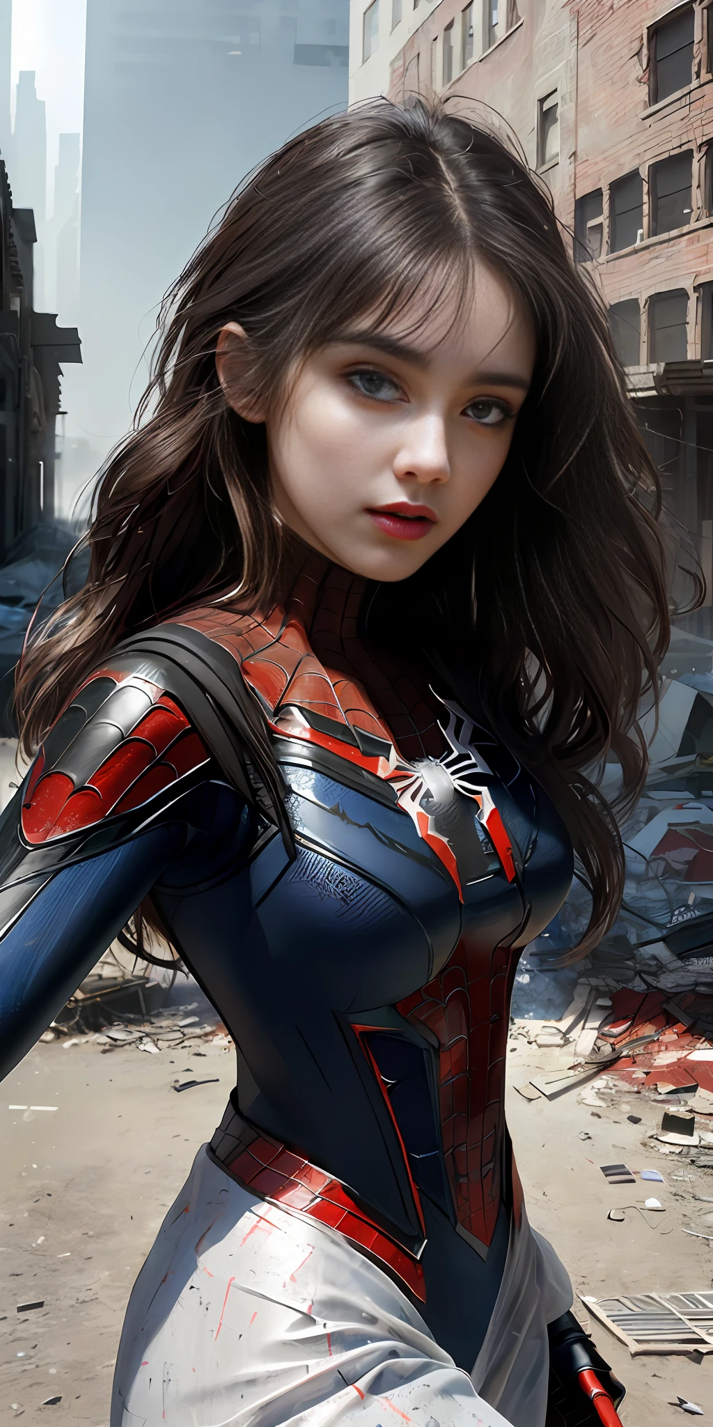 (1girl:1.3), solo, (((extremely detailed face))),(((extremely detailed eyes and face))),beautiful detailed eyes,body-parts__, official art, unified 8k wallpaper, super detailed, beautiful and aesthetic, beautiful, masterpiece, best quality, raw, masterpiece, super fine photo, best quality, super high resolution, photorealistic realism, sunlight, full body portrait, amazing beauty,, dynamic pose, delicate face, vibrant eyes, (from the front), she is wearing a Spider-man suit, red and black color scheme, spider, very detailed abandoned warehouse background, Detailed face, detailed complex busy background, messy, gorgeous, milky white, highly detailed skin, realistic skin details, visible pores, sharp focus, volumetric fog, 8k uhd, DSLR, high quality, film grain, fair skin, photo realism, lomography, huge metropolis in future dystopia, seen from below, translucent