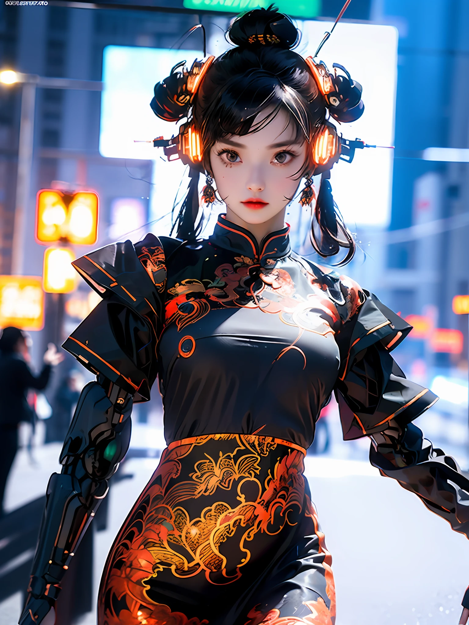 ((Best Quality, 8K, Masterpiece:1.3)), 1girl, Slim Abs: 1.3, (Casual hairstyle, No big breasts:1.2), Dress: 1.1, Super fine face, Fine eyes, Double eyelids1 girl, Chinese_clothes, metallic black titanium and orange, cyberhans, cheongsam, cyberpunk city, dynamic pose, detailed luminous headphones, glowing hair accessories, long hair, glowing earrings, glowing necklace, cyberpunk, high-tech city, Full of mechanical and futuristic elements, futurism, technology, glowing neon, orange, orange light, fluorescent orange, skirt, cape, coat, laser, digital background, urban sky, big moon, with vehicle, best quality, masterpiece, 8K, character edge light, super high detail, high quality, the most beautiful woman in man, micro smile, face facing front and left and right symmetry, ear decoration, beautiful eyes, light effects, visual data, pick dye orange, dye hair, super detail face texture, happy proud, weapon system, Mecha style, crowded on the street, 7 doppelgangers into the mirror, infinite zoom, super light and shadow, various poses, long hair flowing, windproof goggles, luminous long antenna, face close-up, super close shooting, only the head appears, the picture only appears the face