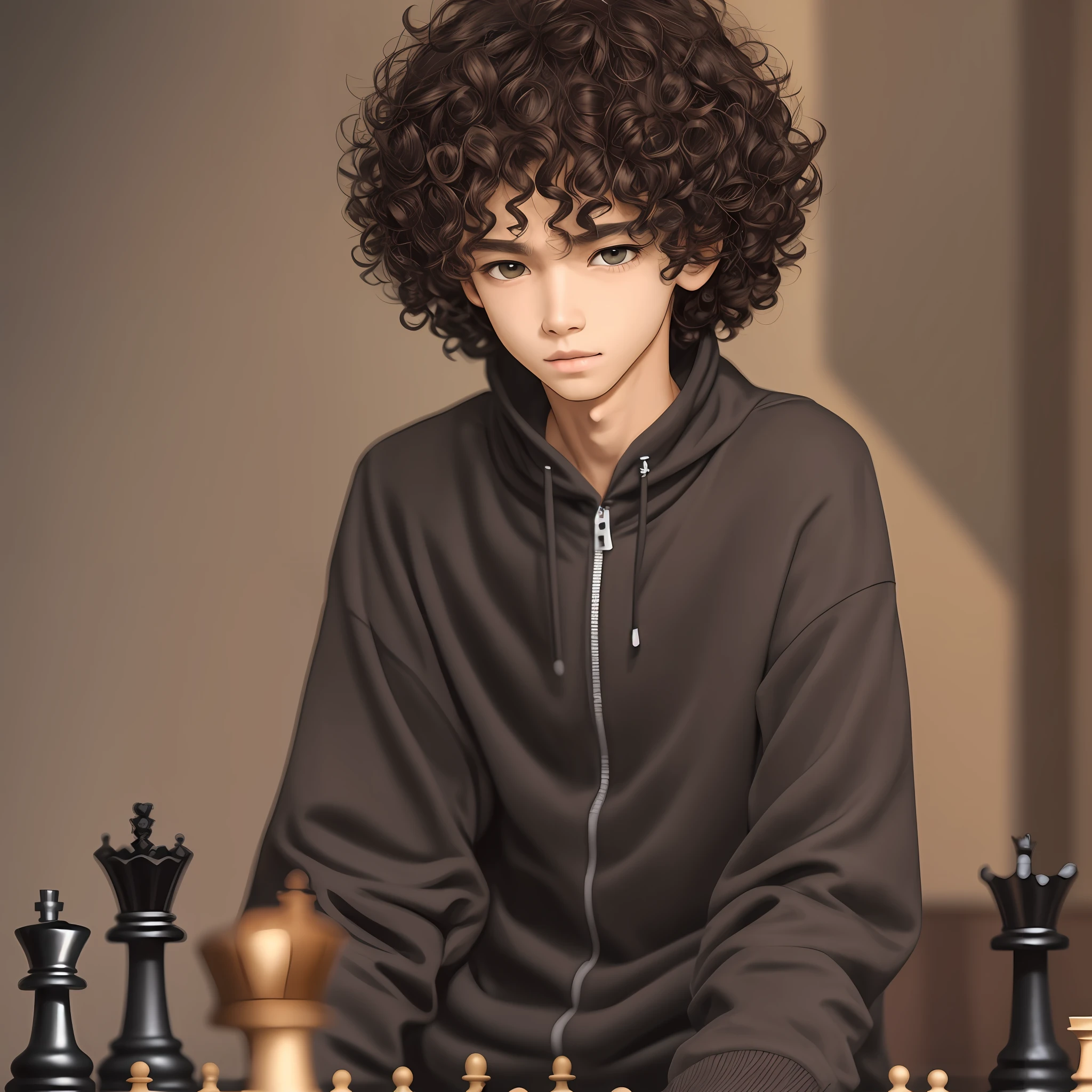 A skinny boy with medium curly hair style 3c, with brown skin and black clothing playing sitting chess --auto --s2