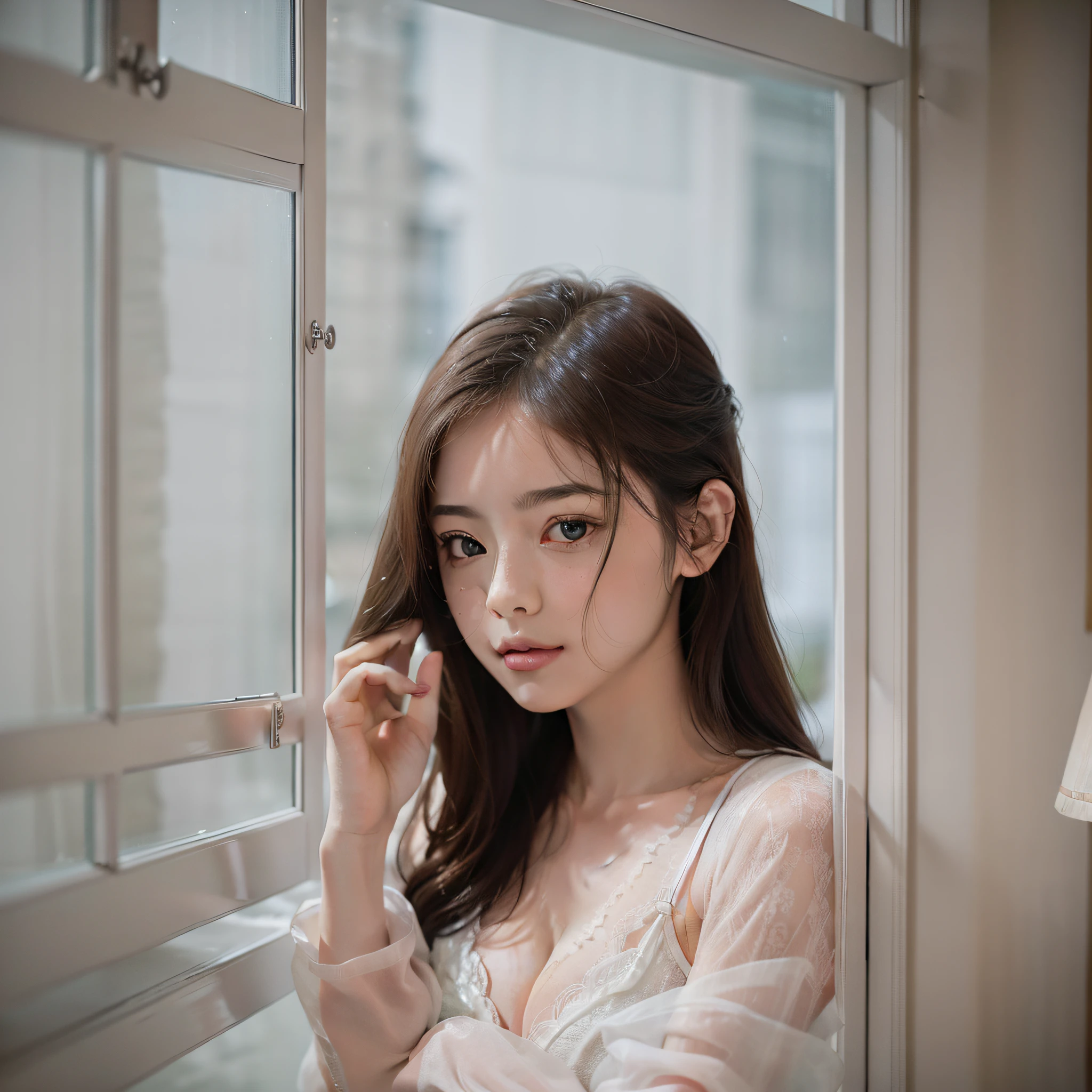 A soft and elegant atmosphere, let people indulge in the picture, a beauty by the window, dressed in clean clothes, 36D crisp chest half exposed, beautiful people, soft face, full lips, hooking eyes, there is a drizzle outside the window, the dim light in the house, it looks more dreamy and unique. --auto --s2