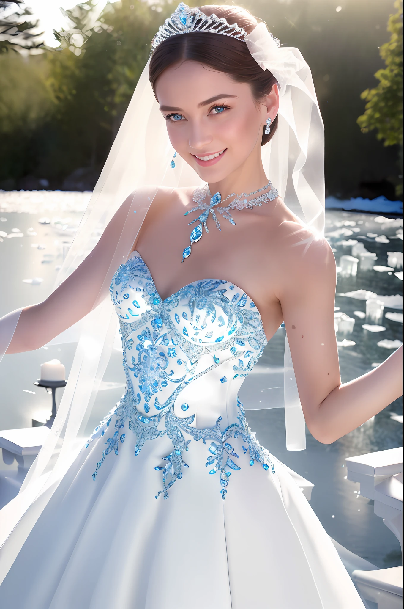 masterpiece, (photorealistic:1.4), best quality, beautiful lighting, water splash, outdoors, upper body, 1 girl, natural beautiful female, slender woman, ((small breasts)). bride of ice, blushing face, smiling, ((chignon ice hair)), ice blue eyes, detailed, intricate, RAW photo, 8k uhd, film grain,
(((extremely detailed ice wedding dress, ice wedding veil))),
extremely detailed gorgeous ice tiara, gorgeous ice necklace