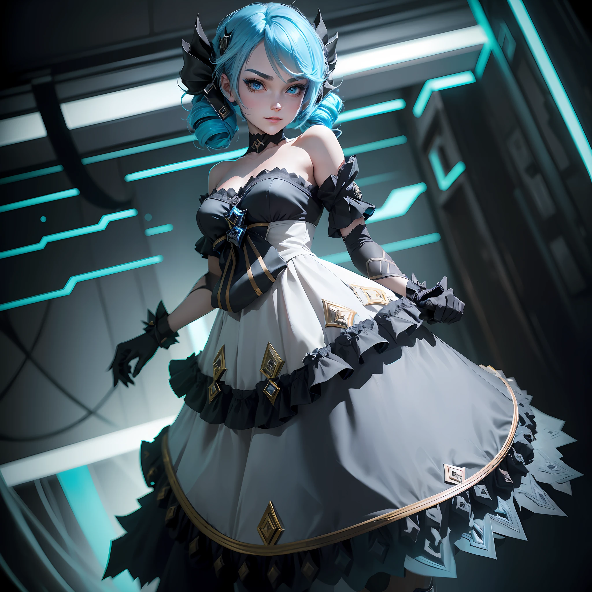 knee level shot of a 1 girl,gwen \ (league of legends\) ,black bow,black gloves,black legwear,blue eyes,blue hair,bow,collarbone,dress,drill hair, with a face, Anime screencap, Smirking, stylized, Generative Art, (art by Eileen Gray:1.1) ,