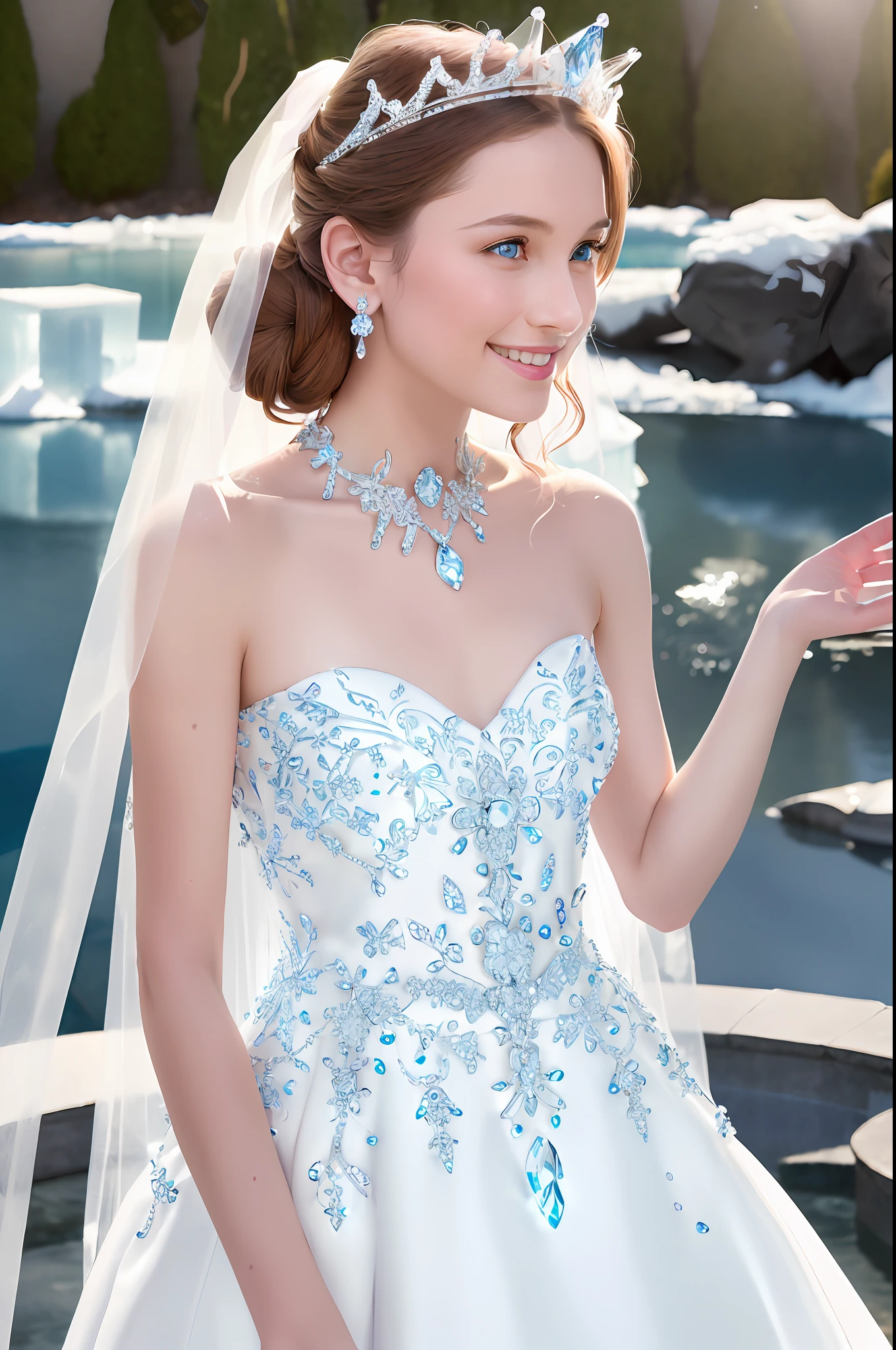 masterpiece, (photorealistic:1.4), best quality, beautiful lighting, water splash, outdoors, upper body, 1 girl, natural beautiful female, slender woman, ((small breasts)). bride of ice, blushing face, smiling, ((chignon ice hair)), ice blue eyes, detailed, intricate, RAW photo, 8k uhd, film grain,
(((extremely detailed ice wedding dress, ice wedding veil))),
extremely detailed gorgeous ice tiara, gorgeous ice necklace