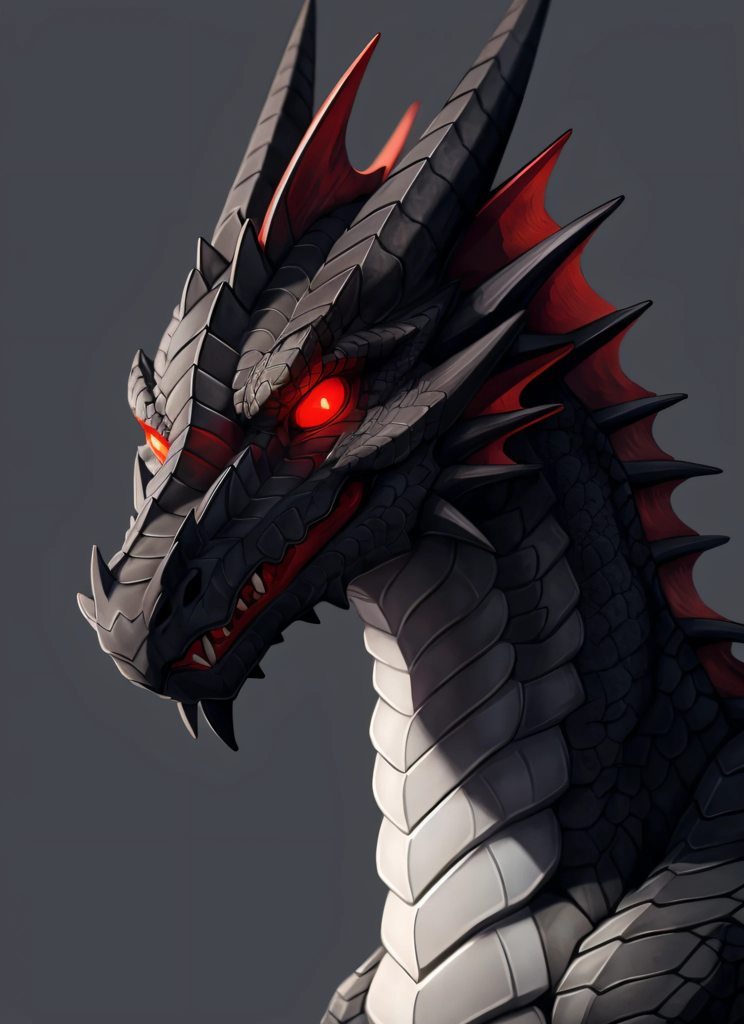 Dragon, black scales, grey underbelly, white pupils, cel shaded, headshot icon, playful, red glowing eyes, feral, quadrupedal, ringed sclerae, muzzle closed, cute, furry artstyle