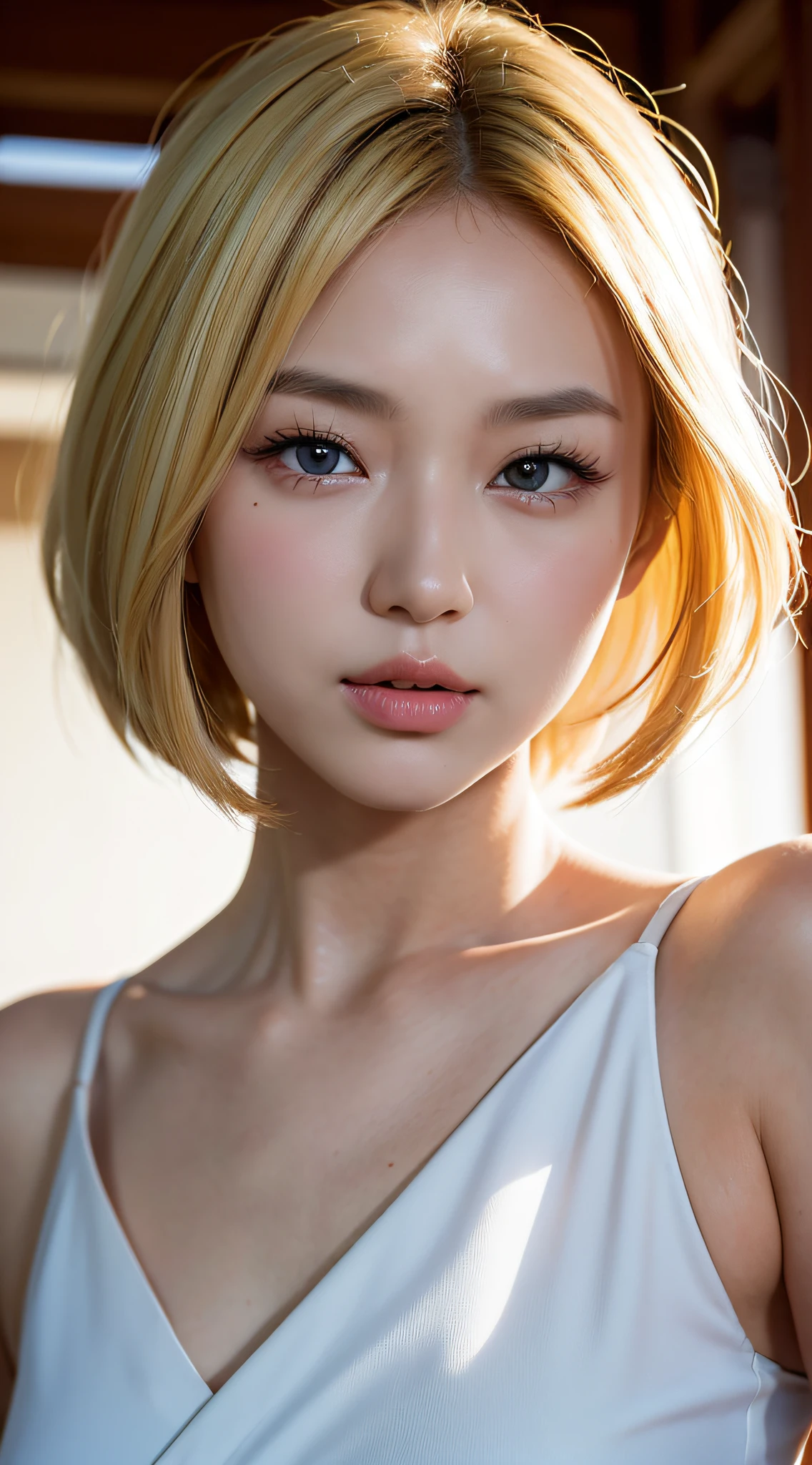 (yinchuan:1.5), Close-up, Masterpiece, Best quality, Raw photo, Photorealistic, Face, Incredibly ridiculous, Beautiful girl, Cute, Blonde short hair, Depth of field, High resolution, Ultra detail, Fine detail, Very detailed, Very detailed eyes and face, Sharp pupils, Realistic pupils, Sharp focus, Cinematic lighting, duck mouth