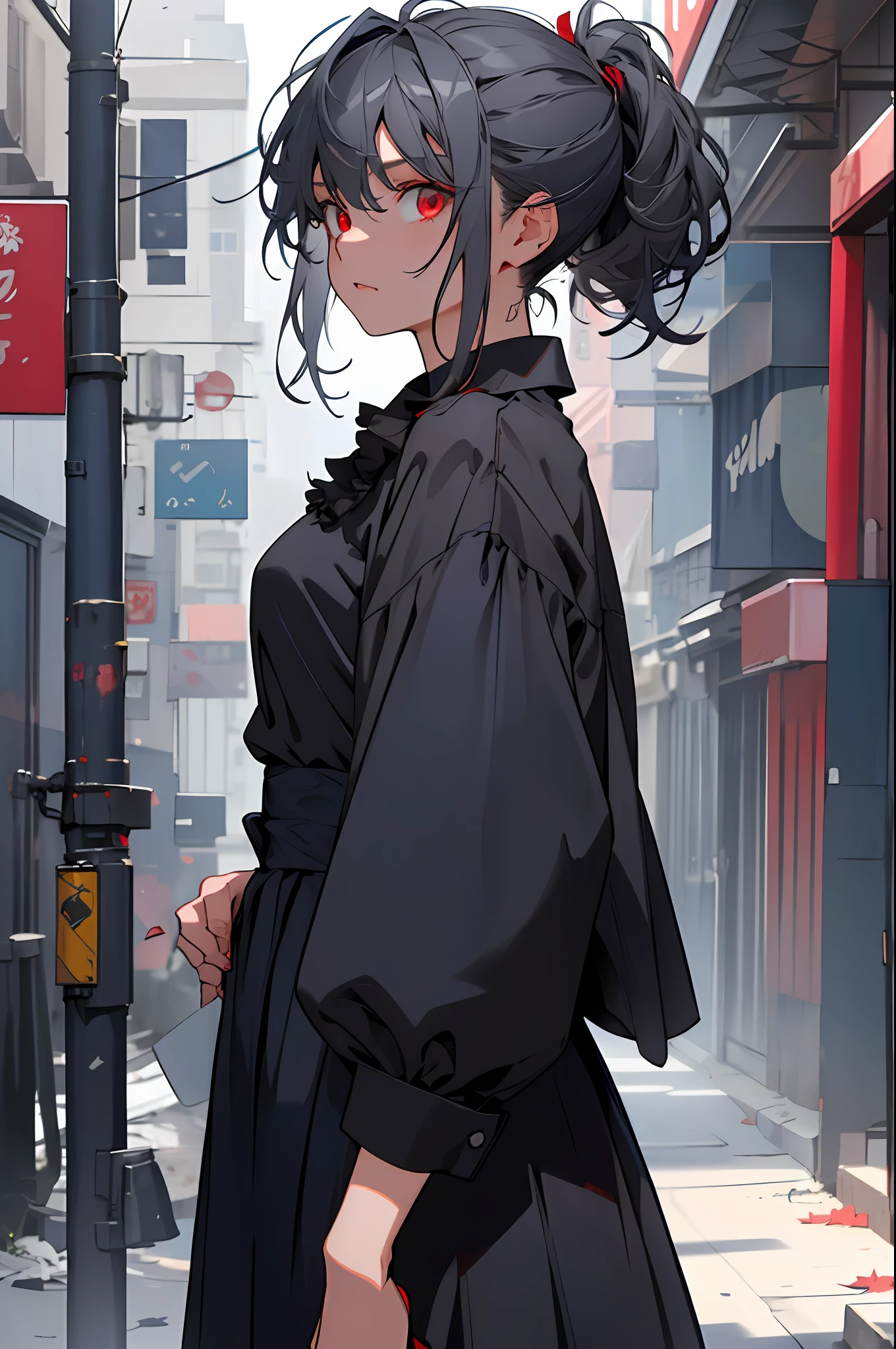 Dark blue(((1girl))), ((((solo)))), ((messy hairstyle)), standing taking a picture, (((dark gray hair)), red eyes, soft blouse