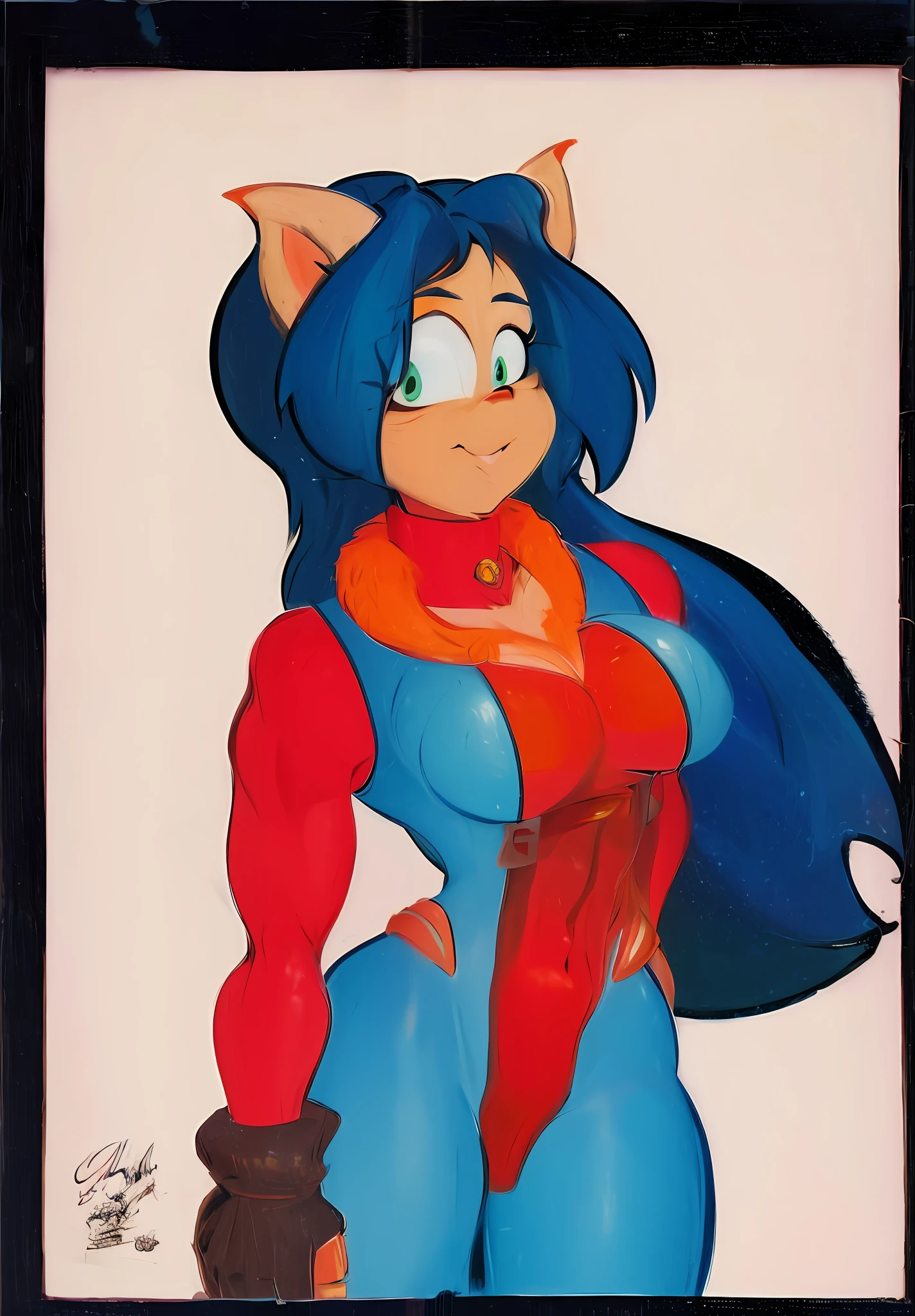 painting of a woman with blue hair and a red shirt, krystal from star fox, anatomically correct vulpine, furry art!!!, anime cel, cel - shaded art style, an anthro fox, portrait of an anthro fox, coloured in blueberra and orange, female furry mini cute style, fox nobushi, furry character, female fursona