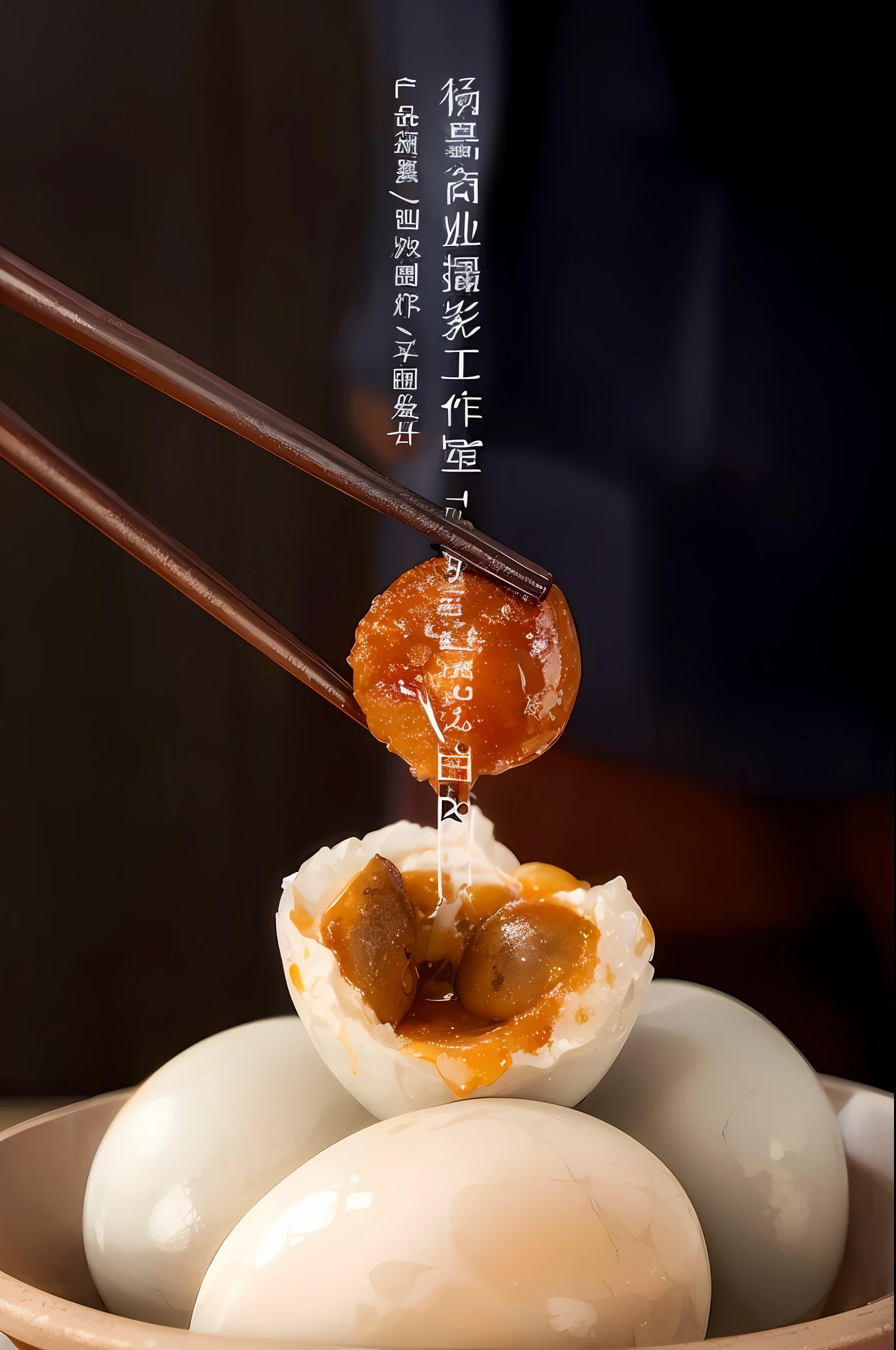 there is a bowl of food with chopsticks and a bowl of eggs, daopao, 王琛, inspired by Wang Mian, high quality food photography, 千 葉 雄 大, daoshu, caramel, in style of pan ren wei, qiangshu, inspired by Xie Huan