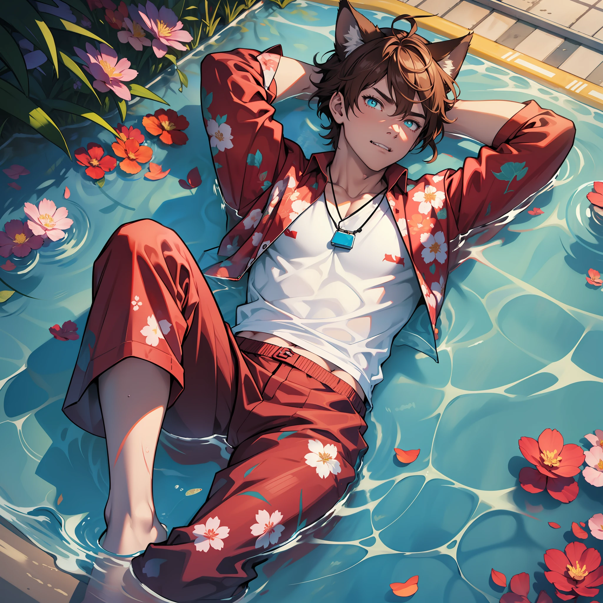 Night, colorful, neon lights hitting the body, a medium-sized teenager in a red floral shirt lying flat on a huge swimming ring, tall figure, a lot of fruit placed next to him, cyan eyes, college student, lying flat on an air cushion, reddish-brown hair, cat ears, animal ears, short hair, crimson flower shirt clothes open, translucent beach pants, legs open, from above, projected inset, fangs, bandage on, scar across eye, streaked hair,, lying flat all over, eyes open, floating on the pool, backlit, shut up, soda in hand, floating in the center of the pool, character centered, Red floral shirt, star-shaped pupils, from above, projected inset, cyan eyes, sign around the neck, domineering eyes,
