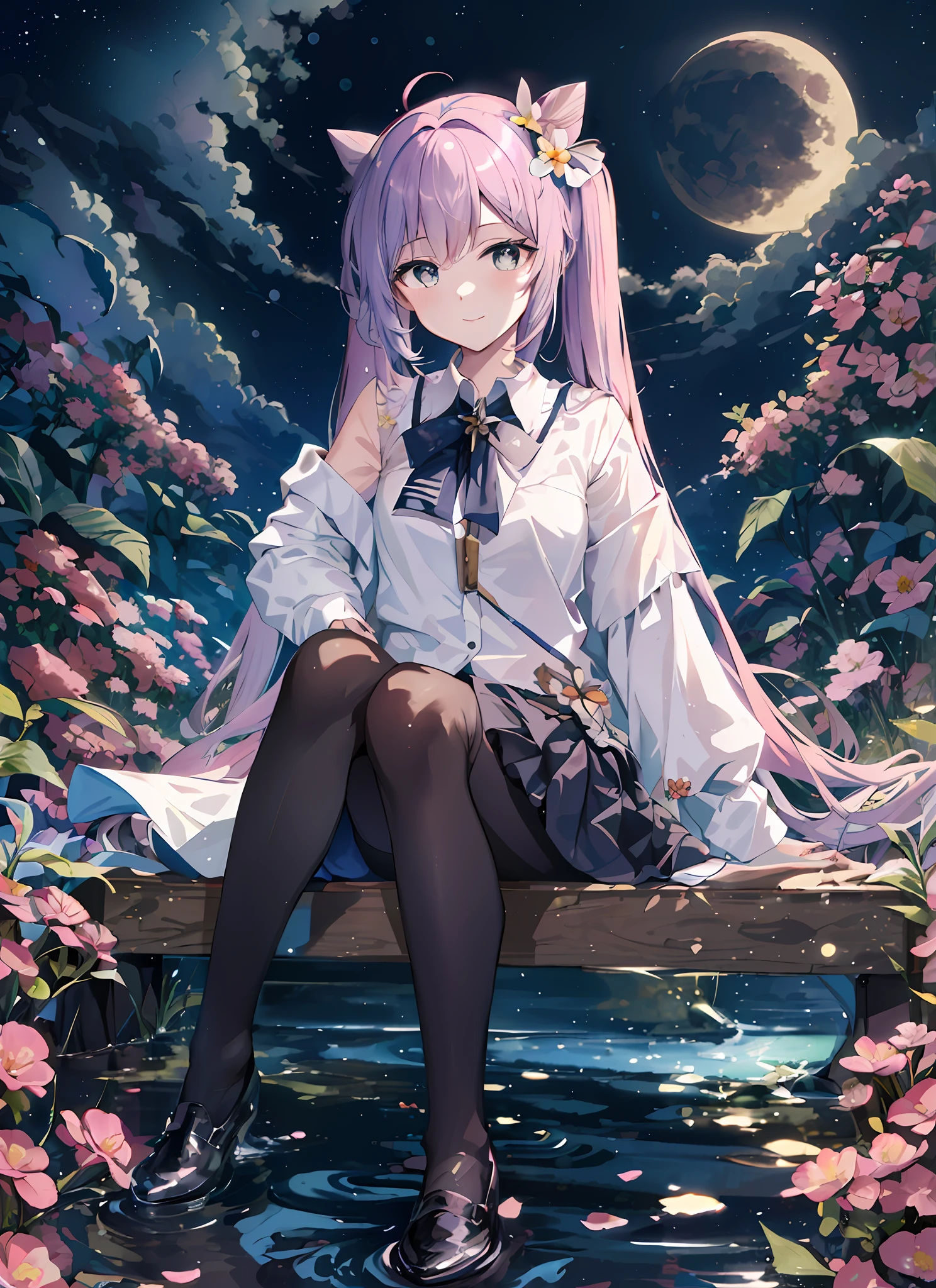 ((Detailed, Night Exterior, Moe Art Style, 4K HD, best quality, masterpiece, a close-up wallpaper of a flower field bench)) keqing