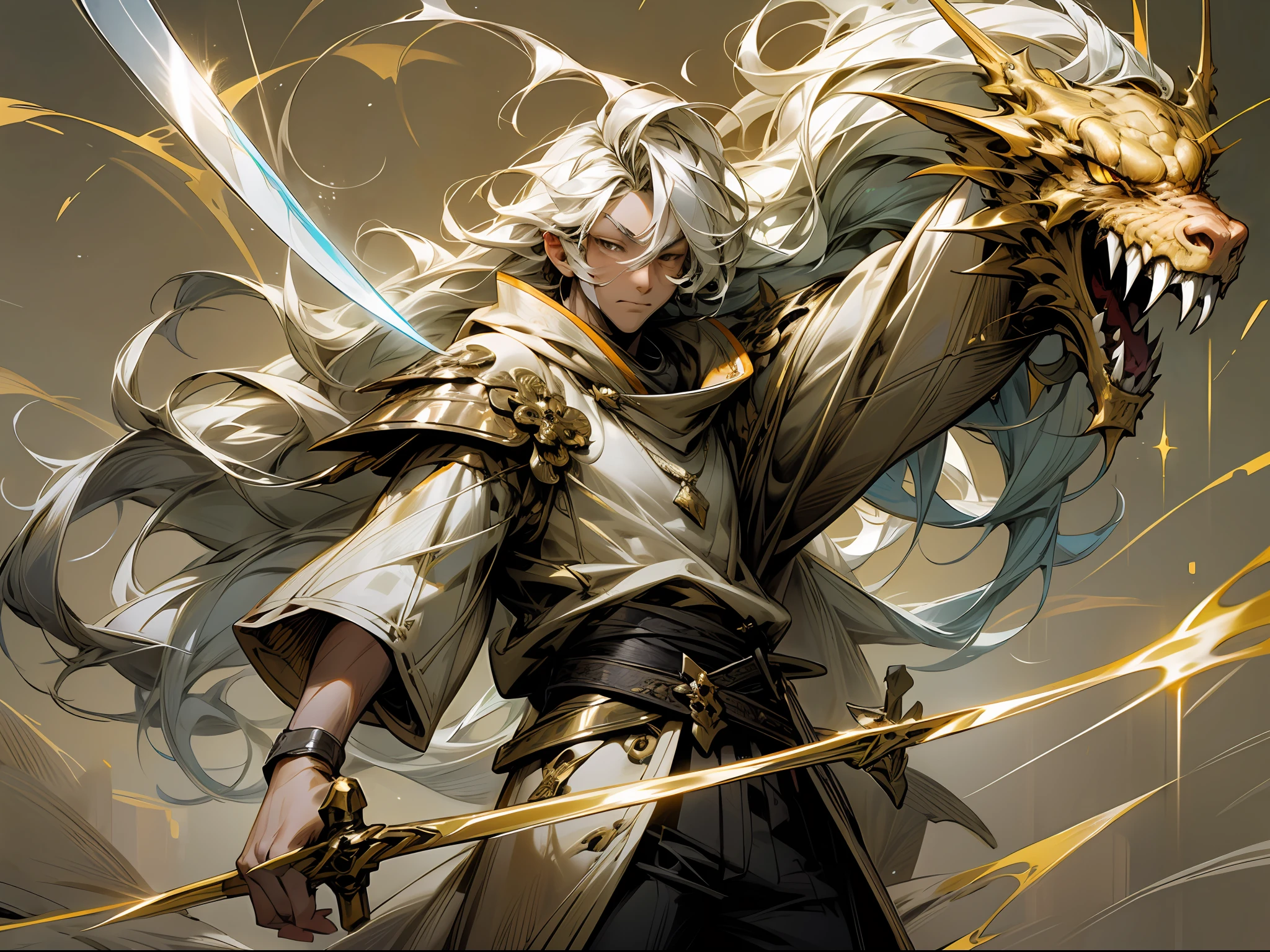 HD, best picture quality, illustration quality, super detailed, a long-haired man in a white casual sweatshirt, holding a long sword, behind him appeared a translucent golden giant oriental dragon phantom, lightning,
