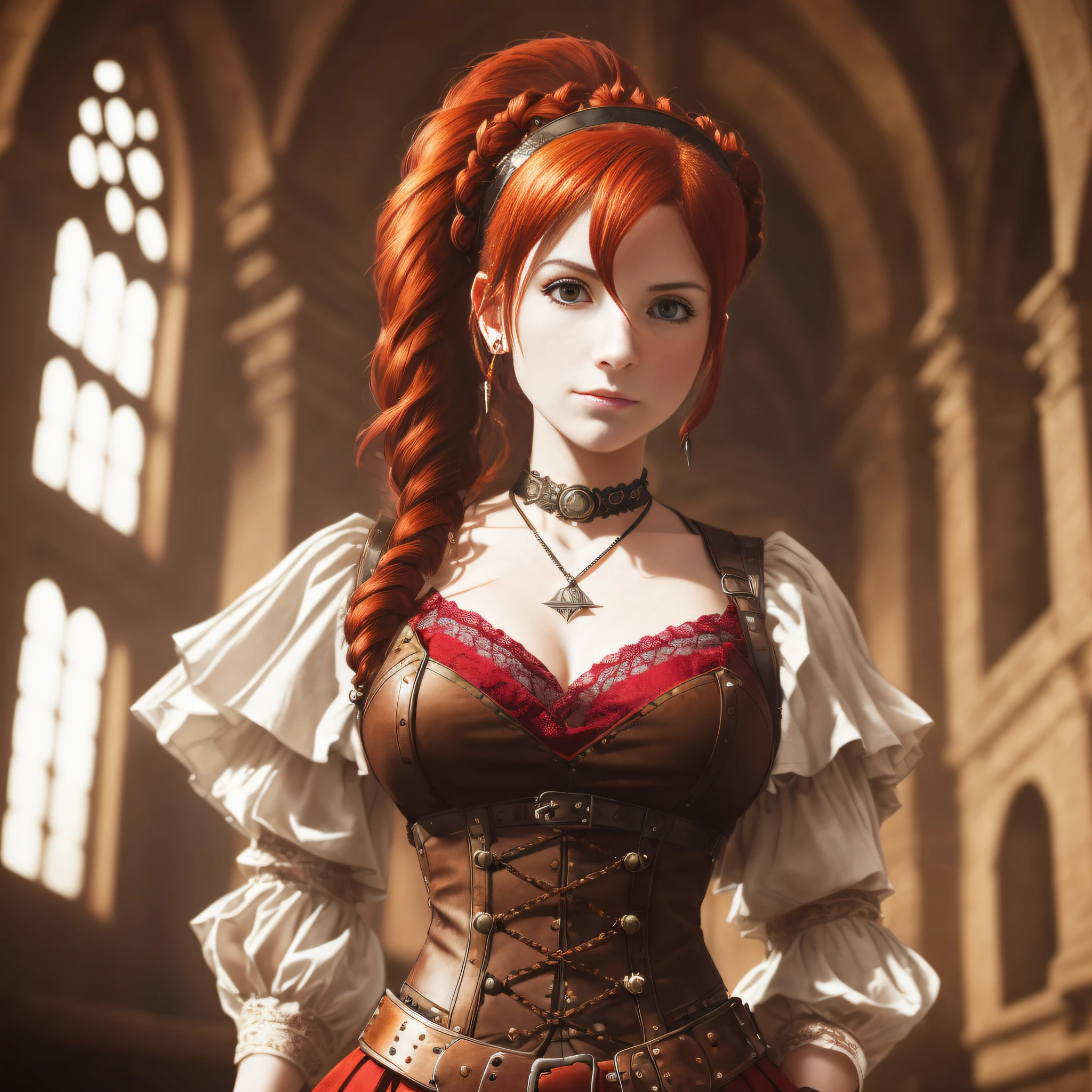 girl, girl, (from_below:1.3) (lying:1.2), (hand_on_hip:1.2), red_hair,ponytail, steampunk, brown, lace_trim, intricate skirt, (female focus:1.3), church, holding pendant, jewelry, (full_body:1.4), (((realistic))), (sharp focus:1.4), masterpiece, high quality, realistic lighting, center of frame,  8k, hdr