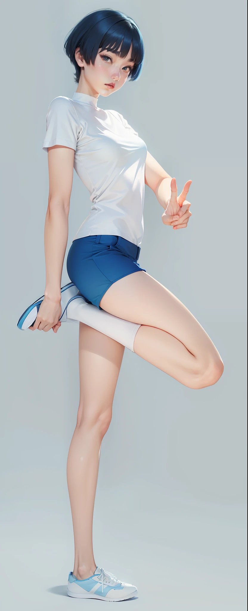 Woman in white shirt and blue shorts, solid color background, manga drawing by Rumiko Takahashi, pixiv competition winner, purism, official art, flat color, full body --auto --s2