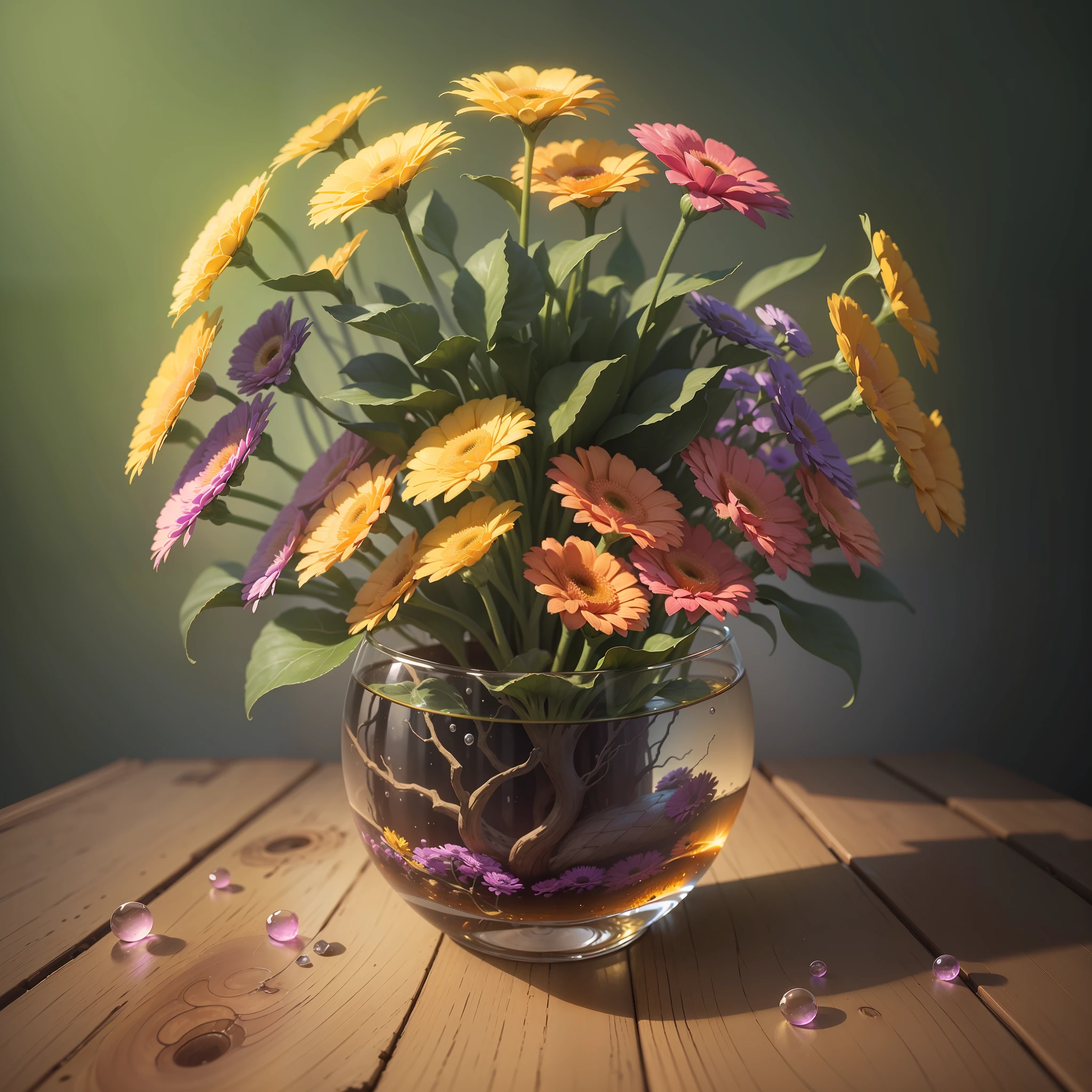 Computer Visualized Graphics, Realistic Fantasy, Extensive Landscape Ultrasound Photography (general view showing a glass glass, roots braiding the glass, gerbera), blurred background, gloomy, yellow, green, purple background, pink, warm, magic, And who is the king?