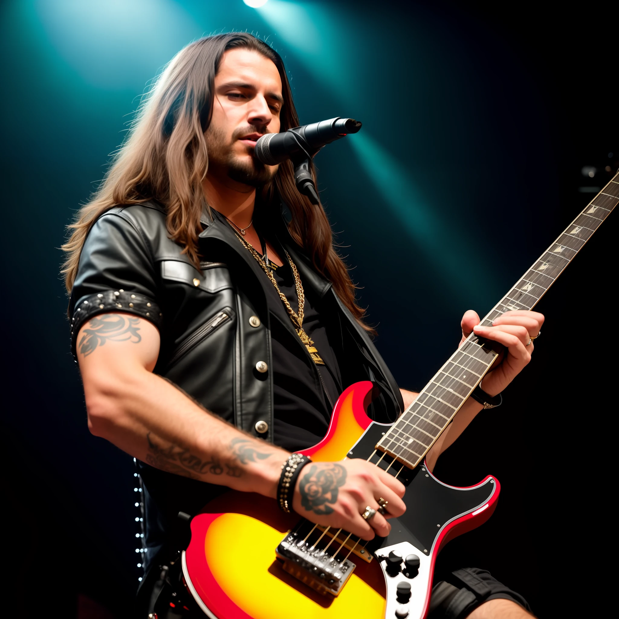 Arafed man with long hair and a leather jacket playing guitar, playing guitar on stage, hot, rock star, 2 0 1 2, 2012, version 3, live concert photography, rock, johnny silverhand, profile shot, boris valejo, machete, 2 0 1 1, 2011, Spain Rodriguez, wolf, concert photography, kodak portra 400 camera f1.6 lens, extremely detailed, amazing, fine detail, rich colors, hyper realistic lifelike texture, dramatic lighting, unrealengine, trending on artstation, cinestill 800 tungsten, looking at the viewer, photo realistic, RAW photo, TanvirTamim, high quality, highres, sharp focus, extremely detailed, cinematic lighting, 8k uhd