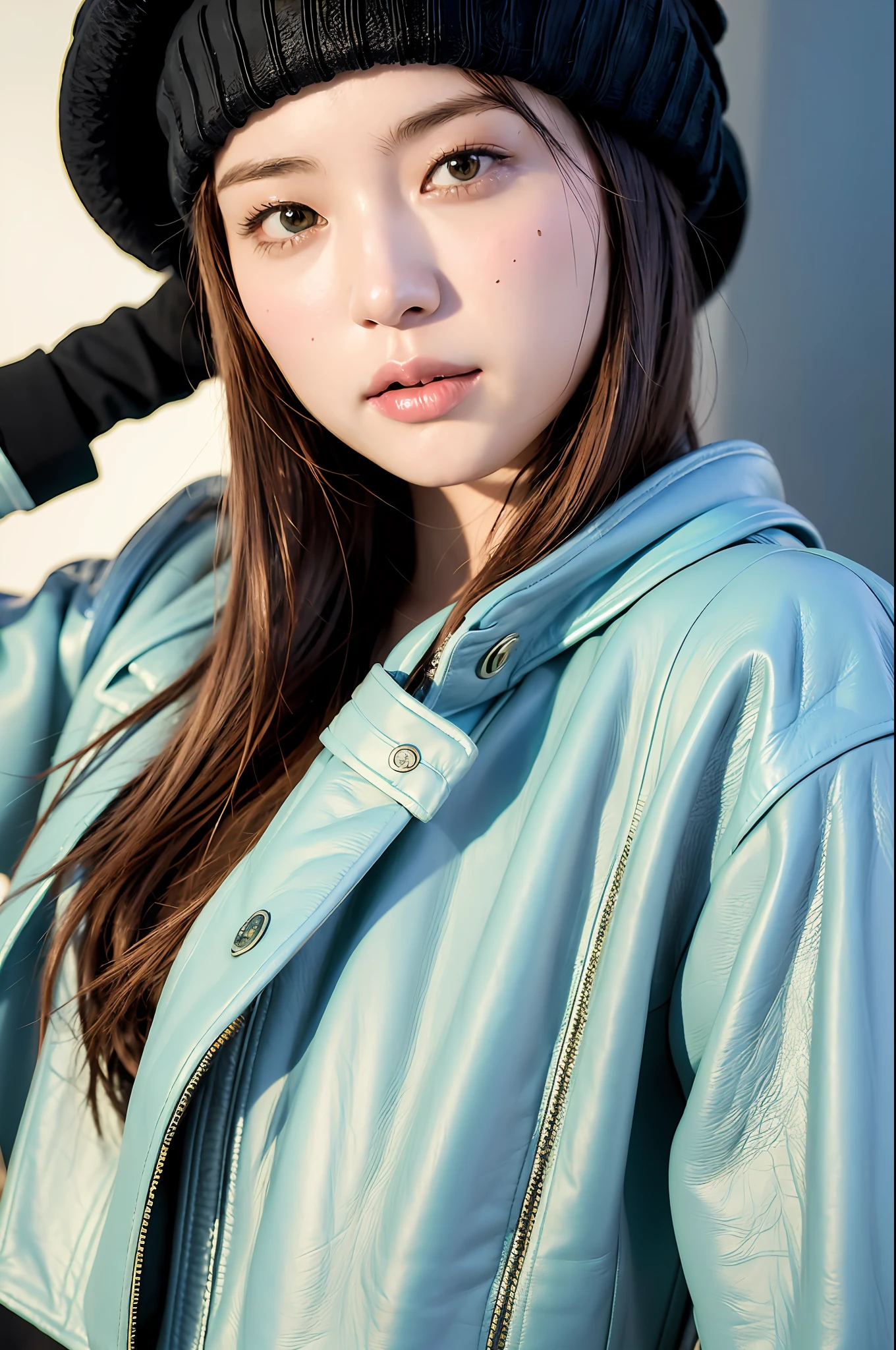 (
(8k:1.27), best quality, masterpiece, ultra highres:1.2) Photo of Pretty Japanese woman
(beautiful:1.1) (sci-fi warrior woman:1.1) space soldier, (beanie:1.61) (leather jacket:1.21) intricate elegant, fantasy, detailed, ometric by greg rutkowski and alphonse mucha, gradient lighting