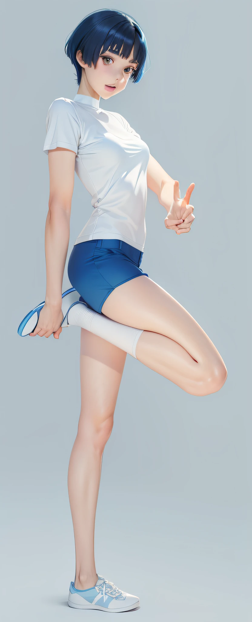 Woman in white shirt and blue shorts, solid color background, manga drawing by Rumiko Takahashi, pixiv competition winner, purism, official art, flat color, full body --auto --s2