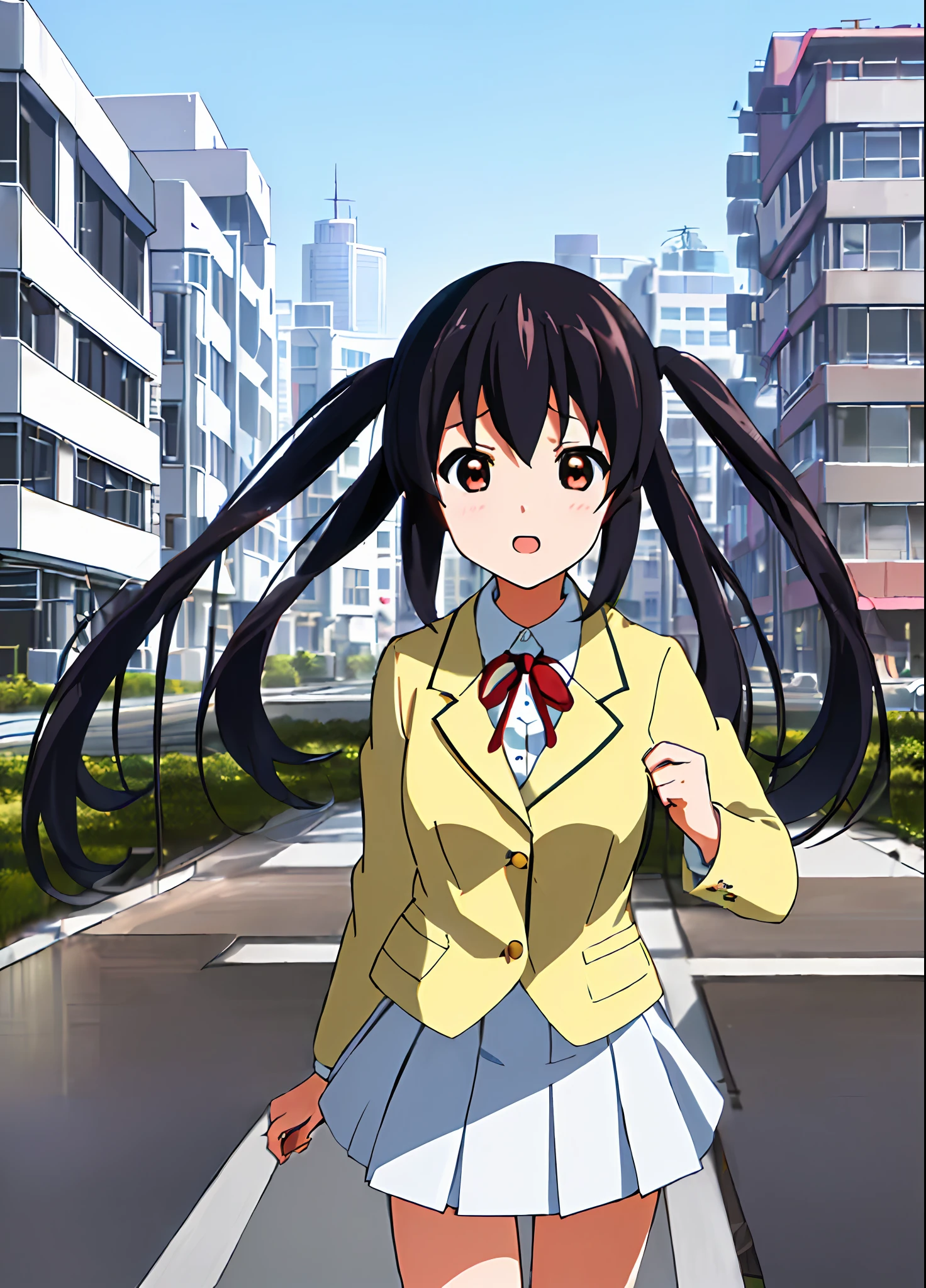 1girl, ((((Masterpiece))), Best Quality, Best Quality, High Detail, Azusa Nakano, 1girl, Sakuragaoka High School Uniform, Musical Instrument, School Uniform, Twin Tails, Long Hair, Black Hair, Brown Eyes, Solo, Red, Dark blue blazer with a thin ribbon of red, Solid white button shirt under blazer, Illustration, Cartoon, Soothing tones, Muted colors, Soft cinematic light, Adobe Lightroom, Photo Lab, HDR, complex and highly detailed, (((depth of field))))). (((Masterpiece))). (((highest quality))).) ((super detail))). (((Illustration))). (((Outside))). (((fighting stance))).,((((Giantization))).dynamic focus.small breasts. (((skyscrapers))). (((Cityscape))). (((Face of sadness))). open mouth.