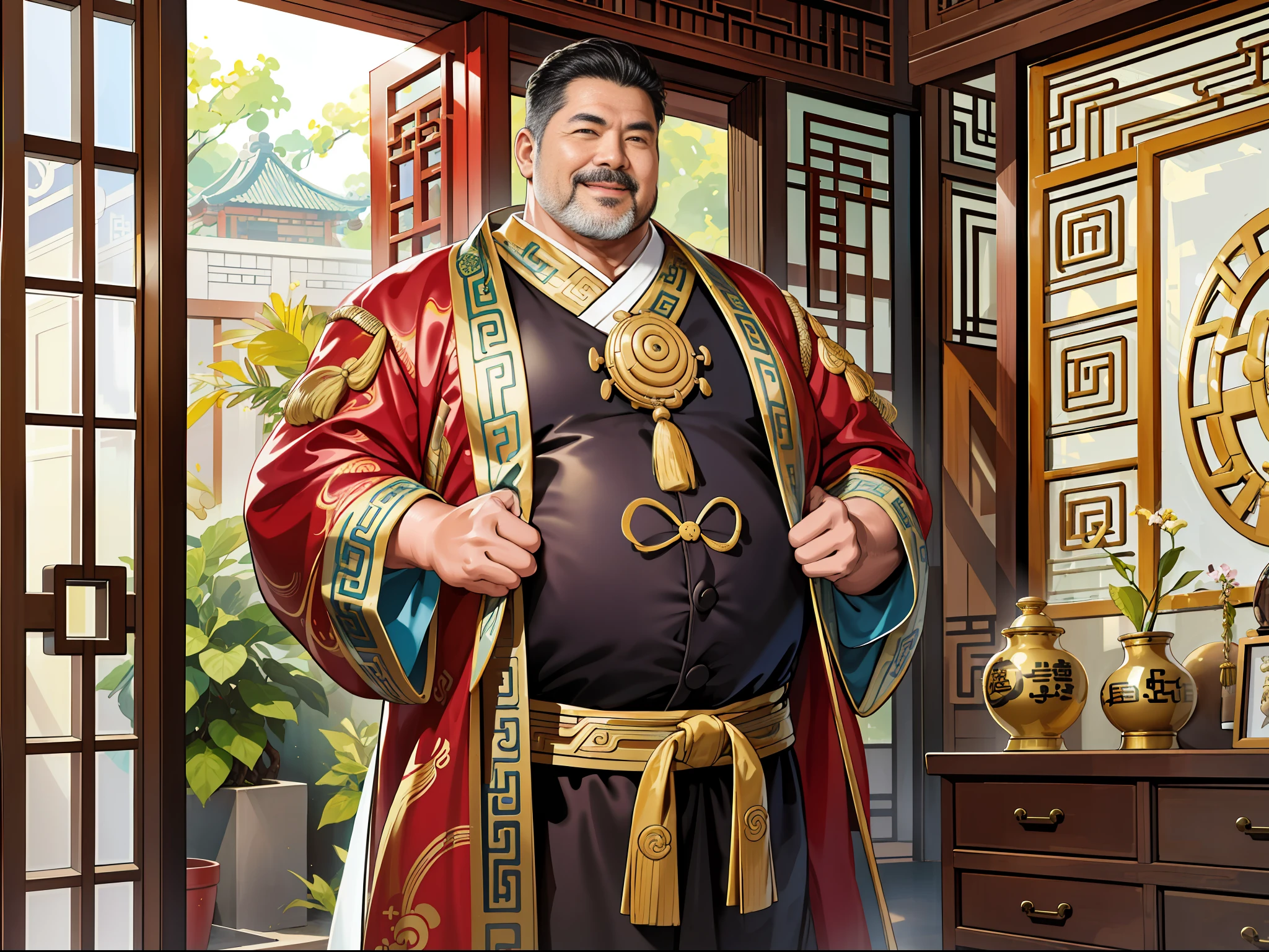 (ridiculous, high resolution, super detailed, realistic,), 1 middle-aged fat man, standing outside the door, 50 years old, walking old, hands on his back, head down, happy, happy, Qing dynasty style, gold themed robe, greasy, rich, rich man, room, ancient Chinese style, HD photo.