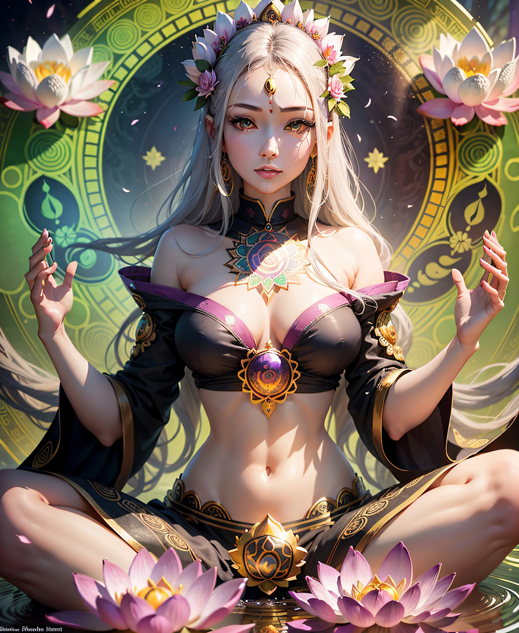 beautiful peacefull woman with visible chakras in the middle of big lotus flower, dreamy open eyes, centered in picture, health, vertical symetry, zen, concept piece, buddhist, elemental guardian of life, life energy, mystical, bright colors, highly detailed render, concept art, octane render, sunny mystical atmosphere