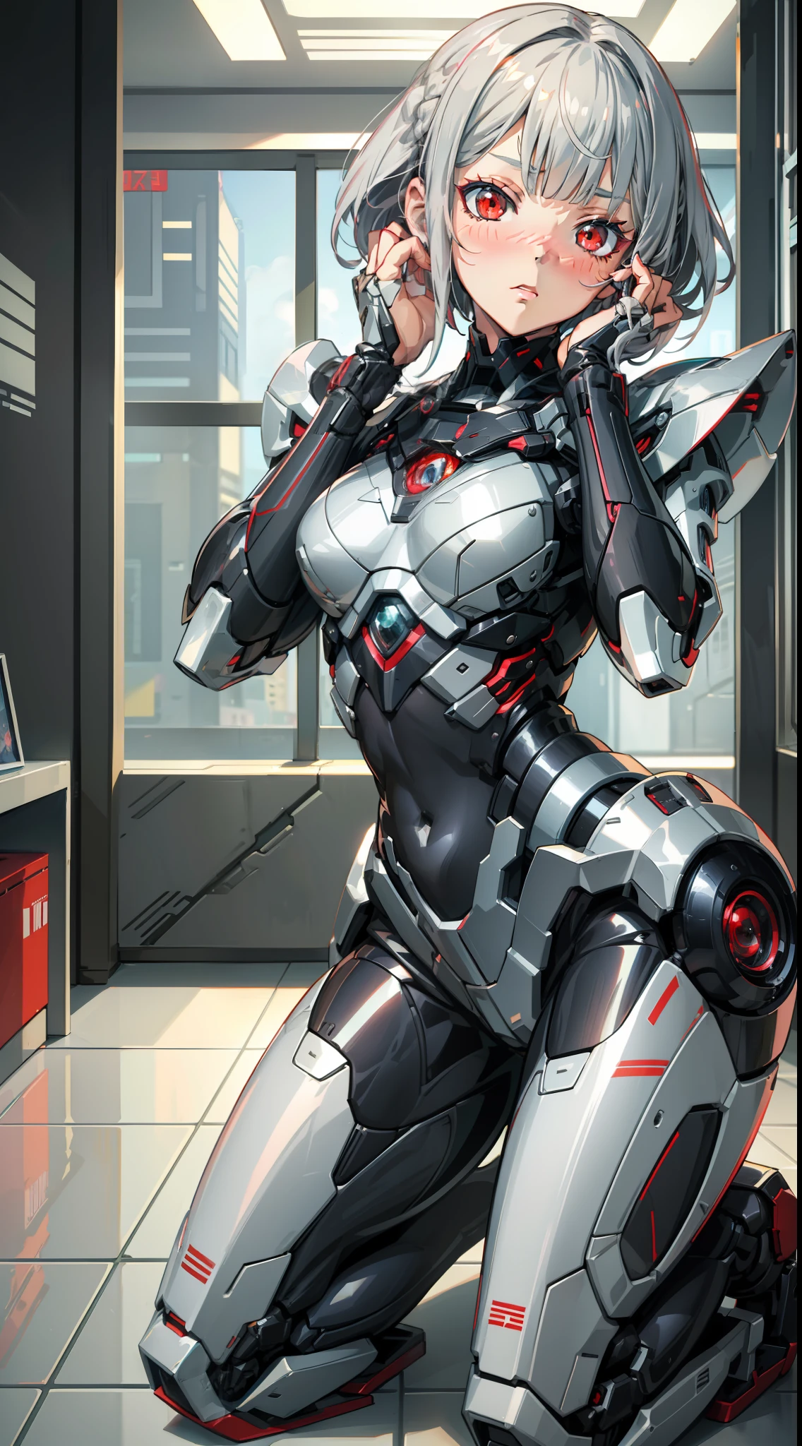 1 girl's full body, silver hair, red eyes, bob cut, braid, (facing forward)), ((putting both hands on their face)), (surprised), (blush), android, gynoid, mecha girl, spherical joint, indoors, kneeling, concept art, beautiful anime scene, beautiful anime scenery, top rating on pixiv, highest quality, 4K