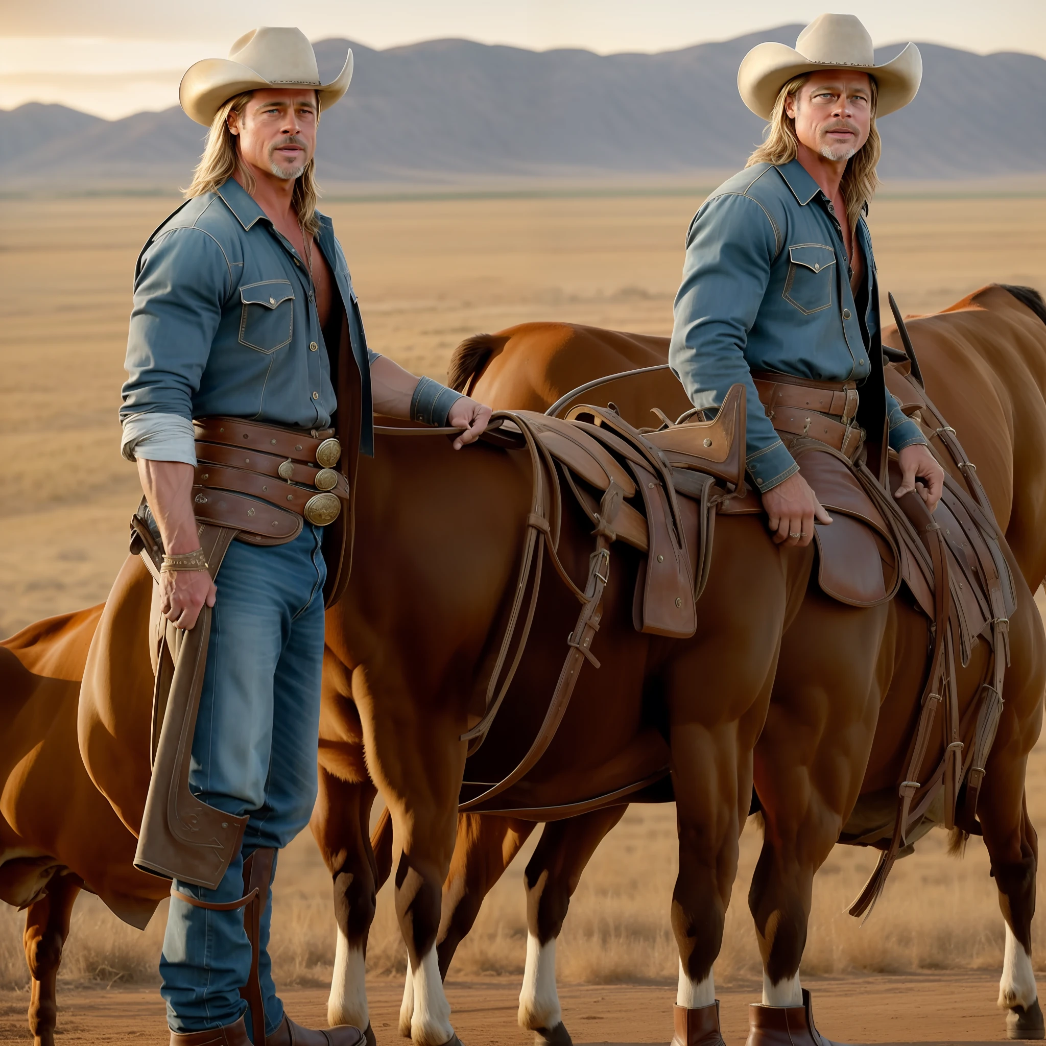 Brad Pitt. Fit body, blond hair. Cowboy dress from the old American West. Standing on a cow farm. Photorealistic, hyperdetailed, high quality, 8k