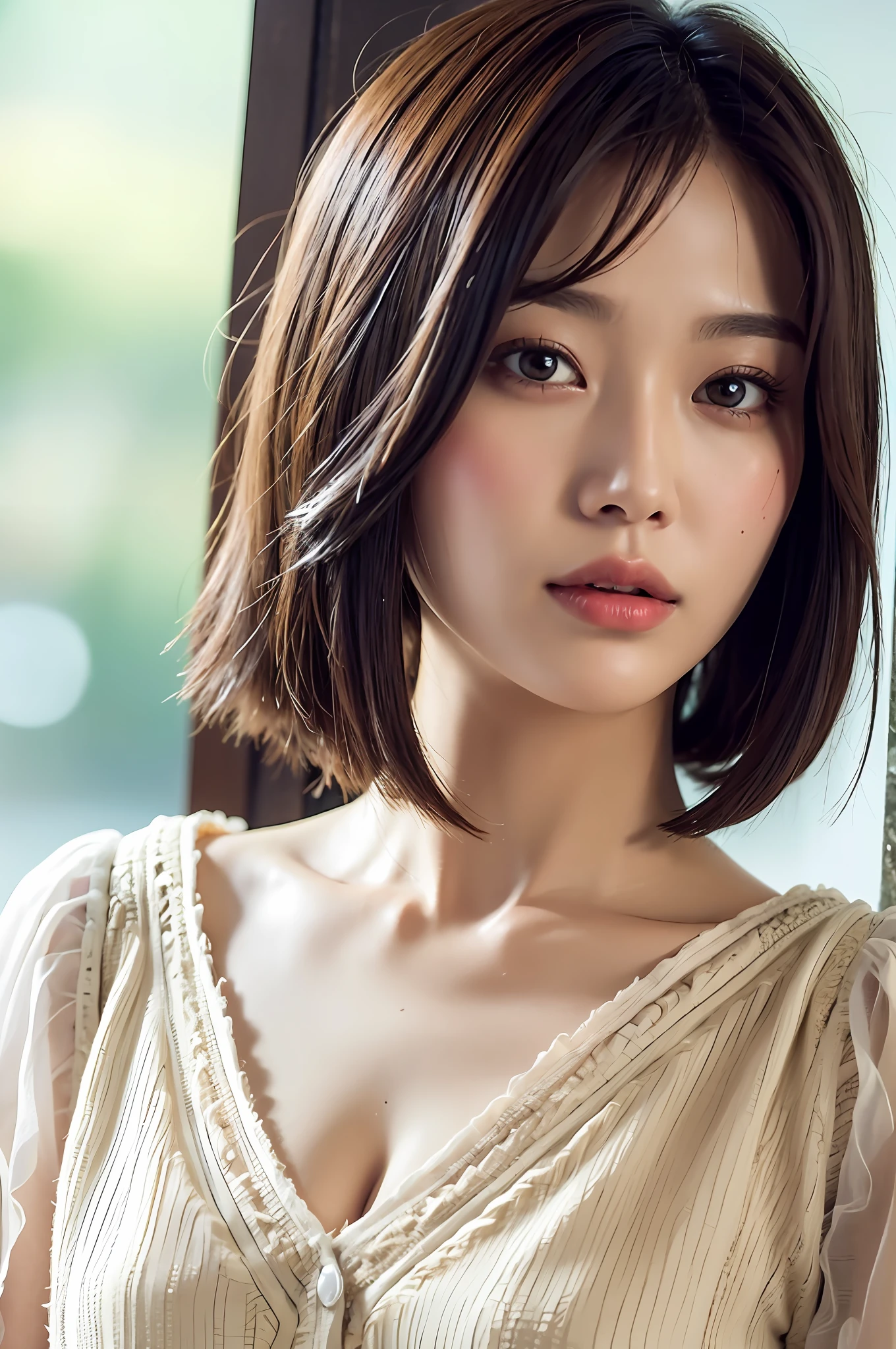 Top quality, Masterpiece, High definition, 1girl, Beautiful and perfect face, Bob cut, Loose shirt, Intricate details, Cinematic feel, 8K, Very detailed, Big, Protruding ass, Chesty,