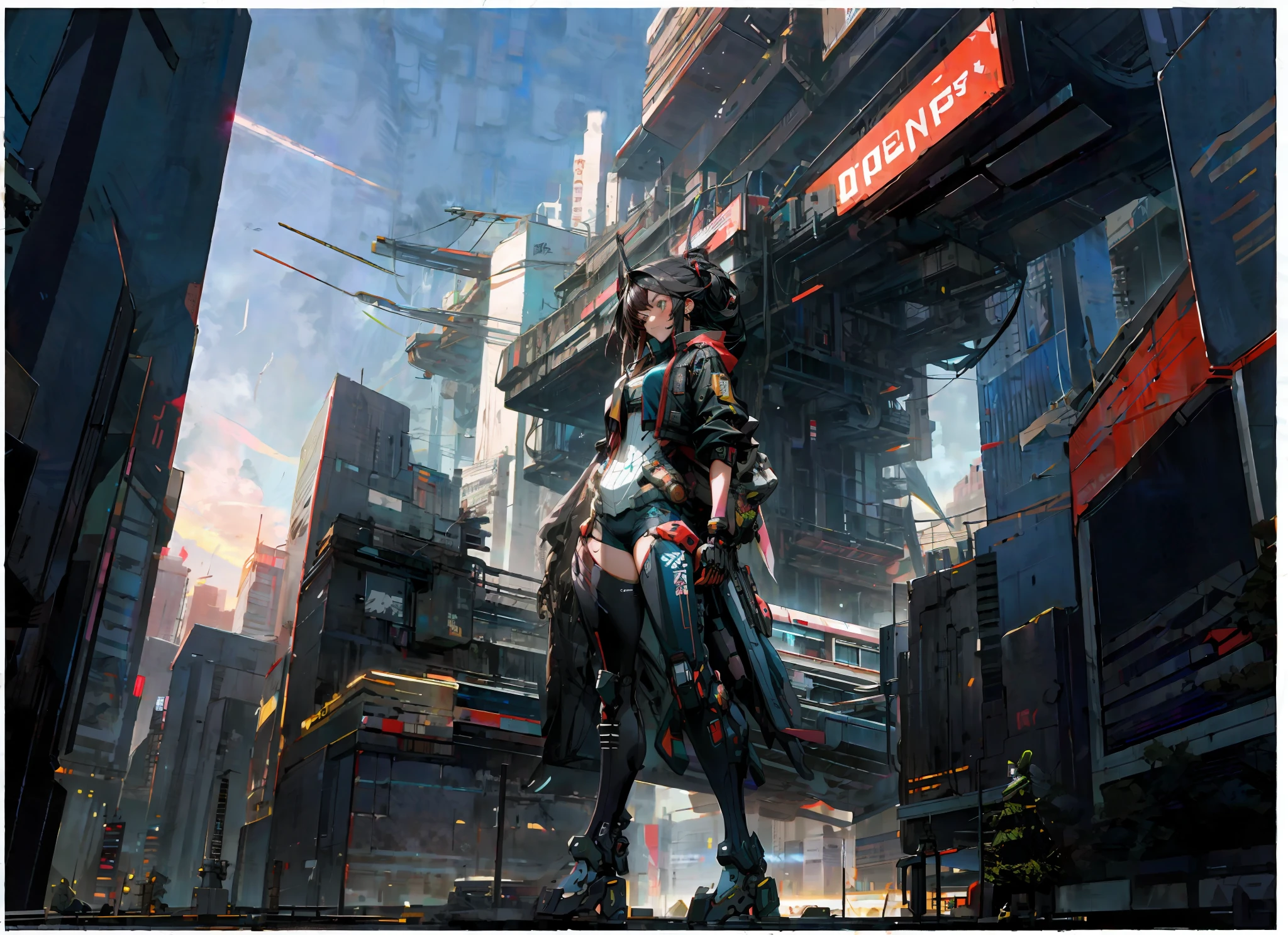 futuristic woman standing in a city with a futuristic building in the background, cyberpunk anime girl mech, digital cyberpunk anime art, digital cyberpunk - anime art, anime cyberpunk art, cyberpunk anime art, cyberpunk anime girl, female cyberpunk anime girl, girl in mecha cyber armor, cyberpunk themed art, advanced digital cyberpunk art, urban concept art, in cyberpunk city