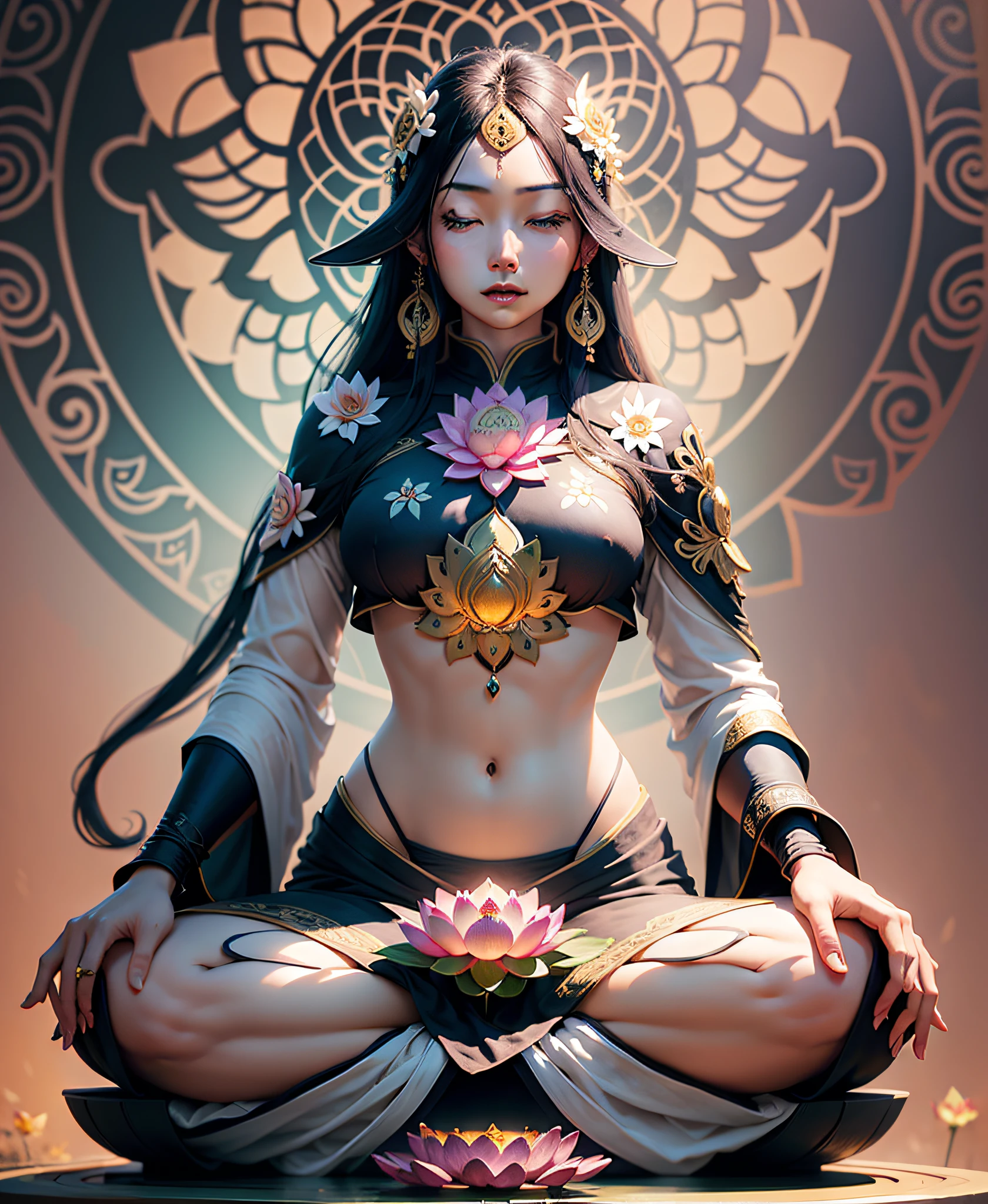 a big lotus flower, centered in picture, health symbol, vertical symetry, zen, concept piece, buddhist, elemental guardian of life, life energy, mystical, bright colors, highly detailed render, concept art, octane render, sunny mystical atmosphere