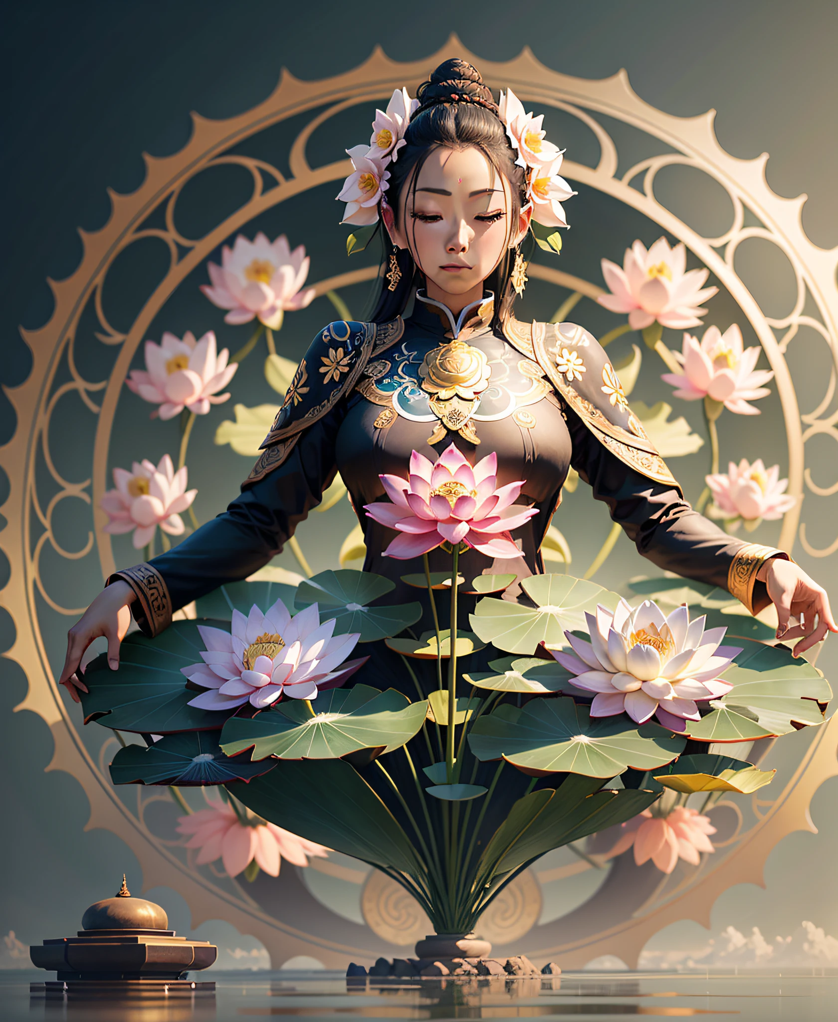 a big lotus flower, centered in picture, health symbol, vertical symetry, zen, concept piece, buddhist, elemental guardian of life, life energy, mystical, bright colors, highly detailed render, concept art, octane render, sunny mystical atmosphere