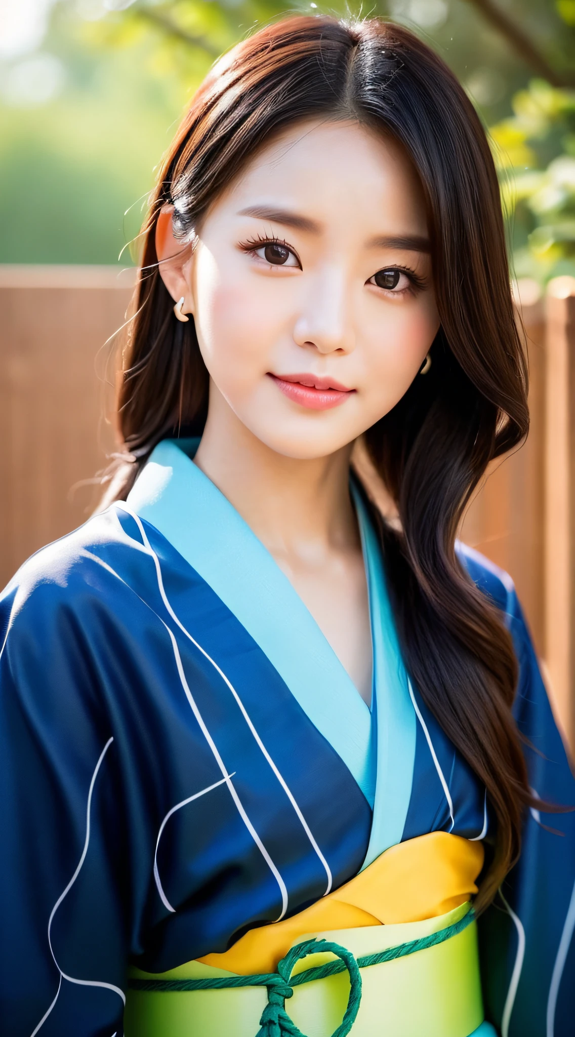 ((Top Quality, 8K, Masterpiece: 1.3)), Sharp Focus: 1.2, (Super Beautiful Face: 1.0), (Slender Abs Beauty: 1.0), (Shiny Skin: 1.0), Realistic Photography, Black Hair, Realistic Pupils, Video Lighting, High Definition Eyes and Face, Video Lighting, (Cowboy Shot: 1.3), kimono, hakama, obi, (Korean Cute Actress), in nature, traditional kimono, happy, Looking at the audience, head on,