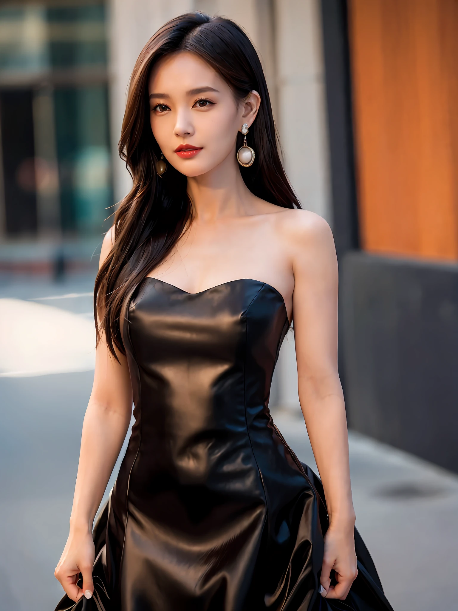 A woman in a black dress is walking down the street - SeaArt AI