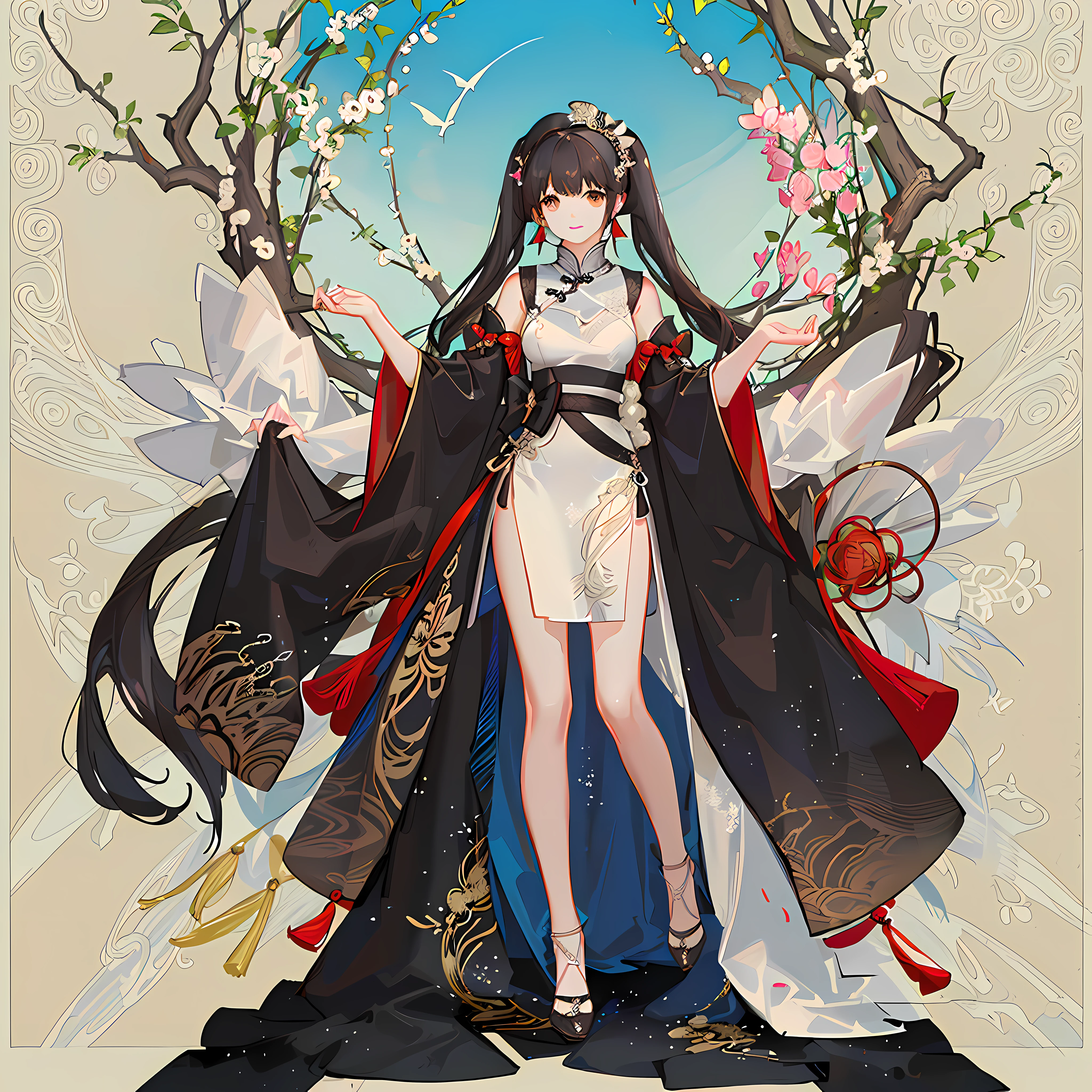 girl,full body,(detailed face:1.2), masterpiece, fashion,chinese dress,, medium hair, black hair, twintails, blunt bangs, brown eyes,