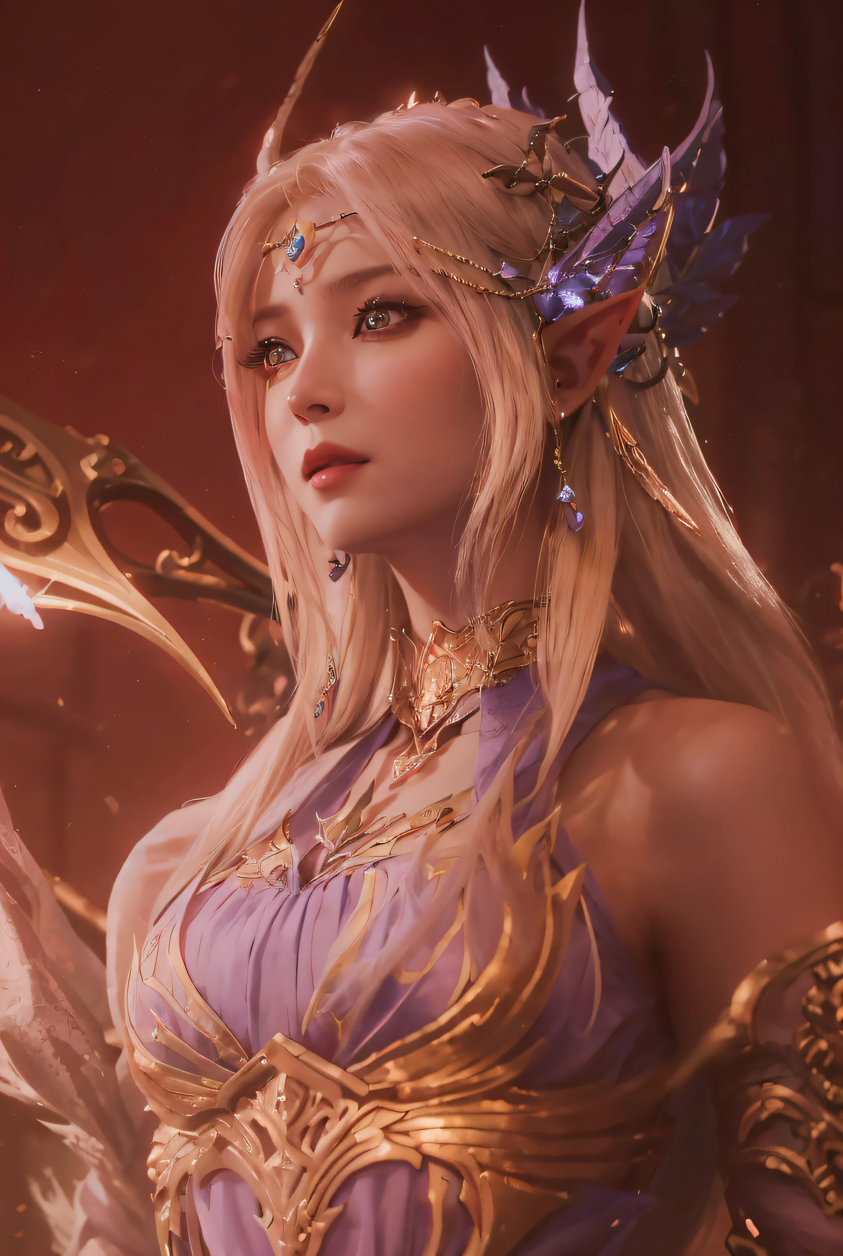 Close-up of a woman holding a sword in a purple dress, Lineage 2 Revolutionary style, 4K detail fantasy, movie goddess close-up, from Bloodline 2, beautiful and elegant elf queen, Unreal Engine rendering + goddess, shadow messenger movie, seductive elf princess knight, portrait of the elf queen, movie goddess shot, super detailed fantasy characters, ((face close-up)), ((eye close-up, detailed portrayal)), ((exquisite facial features))