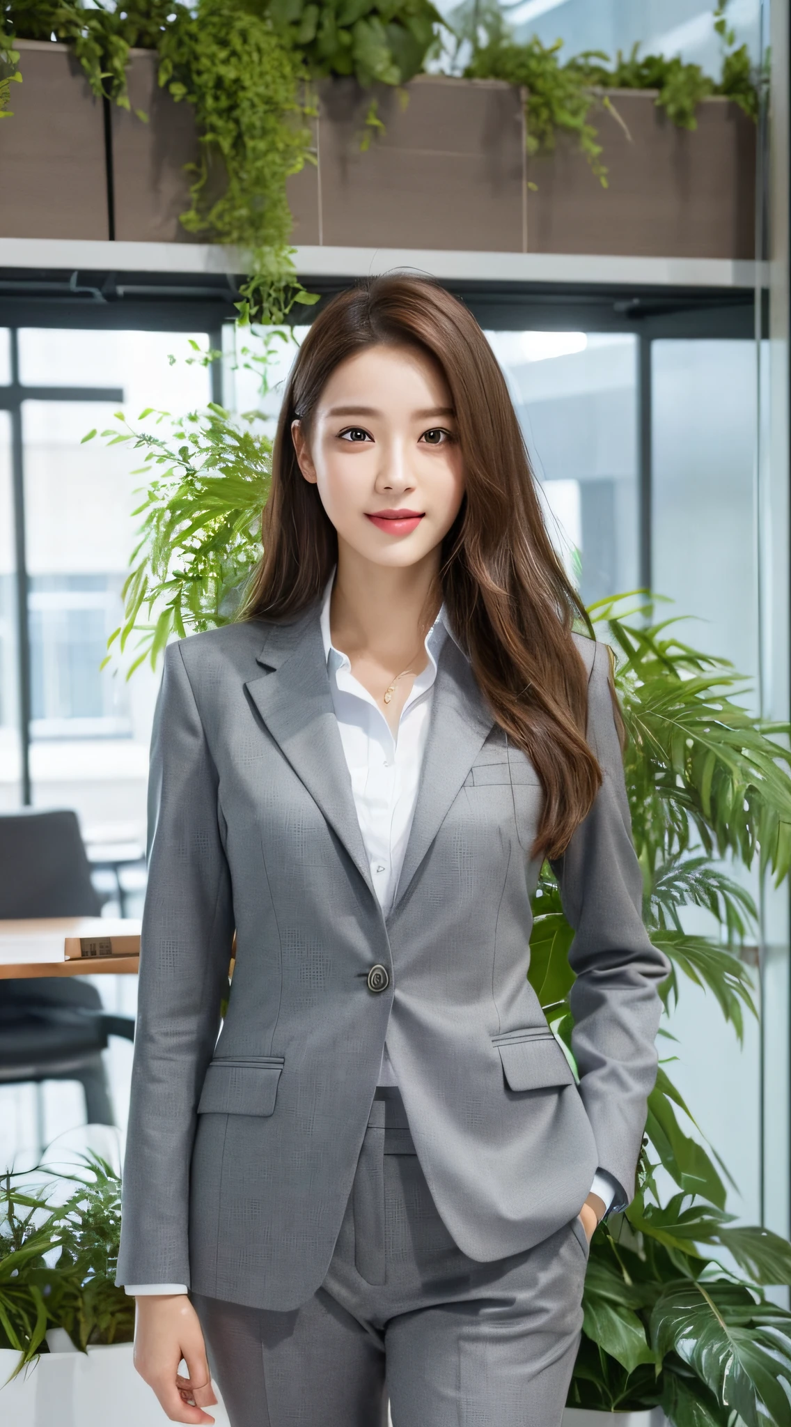 ((Best Quality, 8K, Masterpiece: 1.3)), 1 girl, smile, full body, slim face, beautiful woman, dressed in professional attire, dressed in a slim gray suit, standing in a modern office hall, surrounded by towering glass curtain walls and green indoor plants, showing the busyness and vitality of a modern city, ultra-detailed face, detailed eyes, double eyelids, blurred background, slim face,