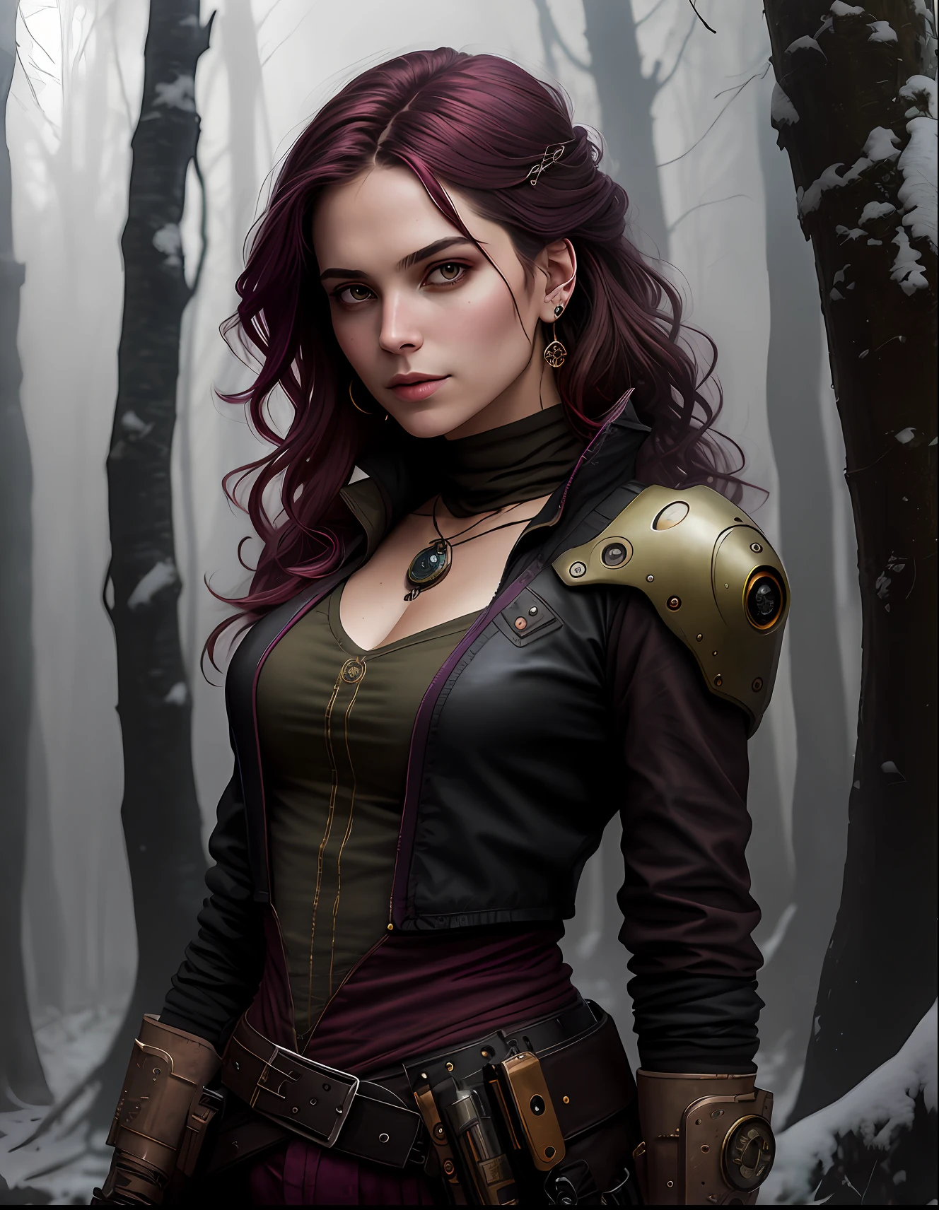 (dark shot:1.1), epic realistic, portrait of halo, women **highly detailed fantasy photography, a Steampunk Pirate Elfpunk Fairy with a mischievous face and wavy hair, pointed ears, wearing (long loose maroon pants) and long sleeve top, barefoot. in a forest, in the style of romantic fantasy, dark magenta and brown, wood, high resolution, les nabis, stylish costume design, cranberrycore, art in the style of Artgerm and Tom bagshaw, fairycore ,nostalgic lighting ,enchanted art ,mystical ,foggy atmosphere , snow ,snowing ,magical by atey ghailan, by greg rutkowski, by greg tocchini, by james gilleard, by joe fenton, by kaethe butcher, gradient yellow, black, brown and magenta color scheme, grunge aesthetic!!! graffiti tag wall background, art by greg rutkowski and artgerm, soft cinematic light, adobe lightroom, photolab, hdr, intricate, highly detailed, (depth of field:1.4), faded, (neutral colors:1.2), (hdr:1.4), (muted colors:1.2), hyperdetailed, (artstation:1.4), cinematic, warm lights, dramatic light, (intricate details:1.1), complex background, (rutkowski:0.66), (teal and orange:0.4)