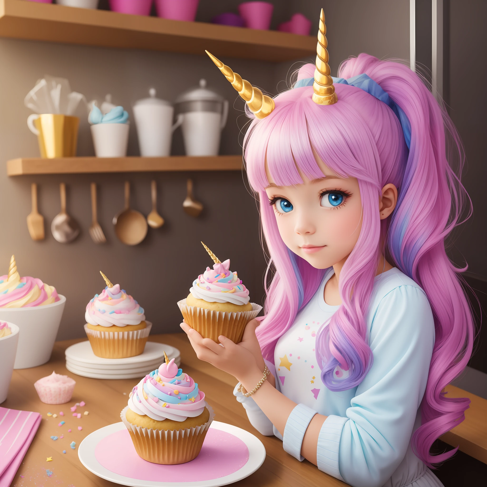 Unicorn, girl, glittering cupcake, in the kitchen