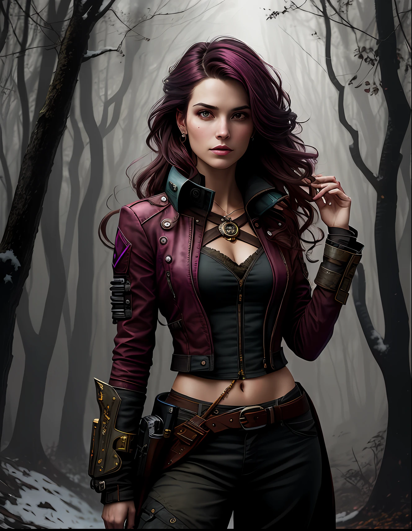 (dark shot:1.1), epic realistic, portrait of halo, women **highly detailed fantasy photography, a Steampunk Pirate Elfpunk Fairy with a mischievous face and wavy hair, pointed ears, wearing (long loose maroon pants) and long sleeve top, barefoot. in a forest, in the style of romantic fantasy, dark magenta and brown, wood, high resolution, les nabis, stylish costume design, cranberrycore, art in the style of Artgerm and Tom bagshaw, fairycore ,nostalgic lighting ,enchanted art ,mystical ,foggy atmosphere , snow ,snowing ,magical by atey ghailan, by greg rutkowski, by greg tocchini, by james gilleard, by joe fenton, by kaethe butcher, gradient yellow, black, brown and magenta color scheme, grunge aesthetic!!! graffiti tag wall background, art by greg rutkowski and artgerm, soft cinematic light, adobe lightroom, photolab, hdr, intricate, highly detailed, (depth of field:1.4), faded, (neutral colors:1.2), (hdr:1.4), (muted colors:1.2), hyperdetailed, (artstation:1.4), cinematic, warm lights, dramatic light, (intricate details:1.1), complex background, (rutkowski:0.66), (teal and orange:0.4)