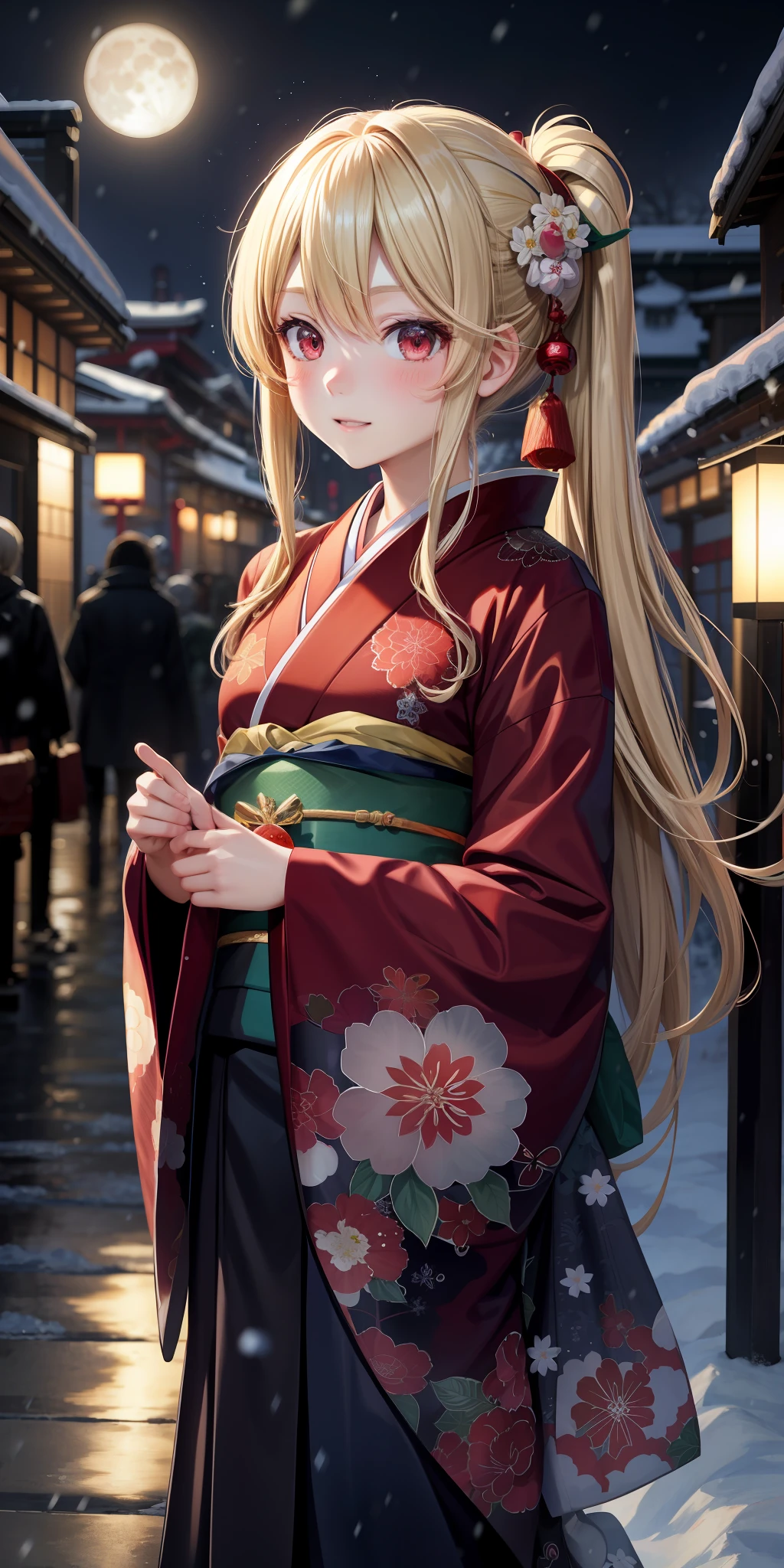anime, girl 1 person, blonde, red eyes, kamimetsu, blush, kyoto, snowfall, moon, kimono