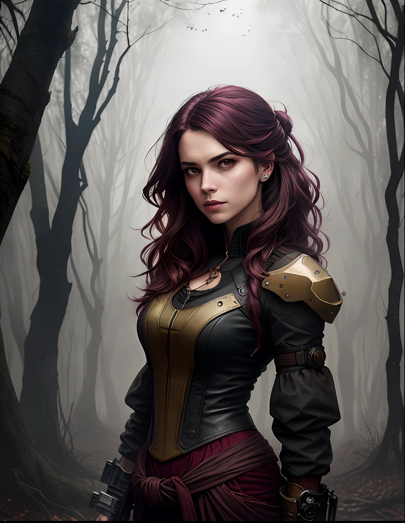 (dark shot:1.1), epic realistic, portrait of halo, women **highly detailed fantasy photography, a Steampunk Pirate Elfpunk Fairy with a mischievous face and wavy hair, pointed ears, wearing (long loose maroon pants) and long sleeve top, barefoot. in a forest, in the style of romantic fantasy, dark magenta and brown, wood, high resolution, les nabis, stylish costume design, cranberrycore, art in the style of Artgerm and Tom bagshaw, fairycore ,nostalgic lighting ,enchanted art ,mystical ,foggy atmosphere , snow ,snowing ,magical by atey ghailan, by greg rutkowski, by greg tocchini, by james gilleard, by joe fenton, by kaethe butcher, gradient yellow, black, brown and magenta color scheme, grunge aesthetic!!! graffiti tag wall background, art by greg rutkowski and artgerm, soft cinematic light, adobe lightroom, photolab, hdr, intricate, highly detailed, (depth of field:1.4), faded, (neutral colors:1.2), (hdr:1.4), (muted colors:1.2), hyperdetailed, (artstation:1.4), cinematic, warm lights, dramatic light, (intricate details:1.1), complex background, (rutkowski:0.66), (teal and orange:0.4)