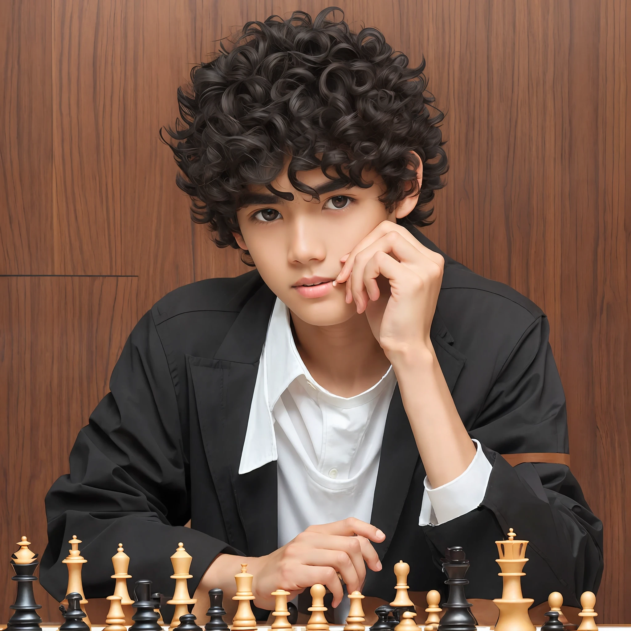 A skinny boy with medium curly black hair style 3c, with brown skin and black clothing playing chess sitting --auto --s2