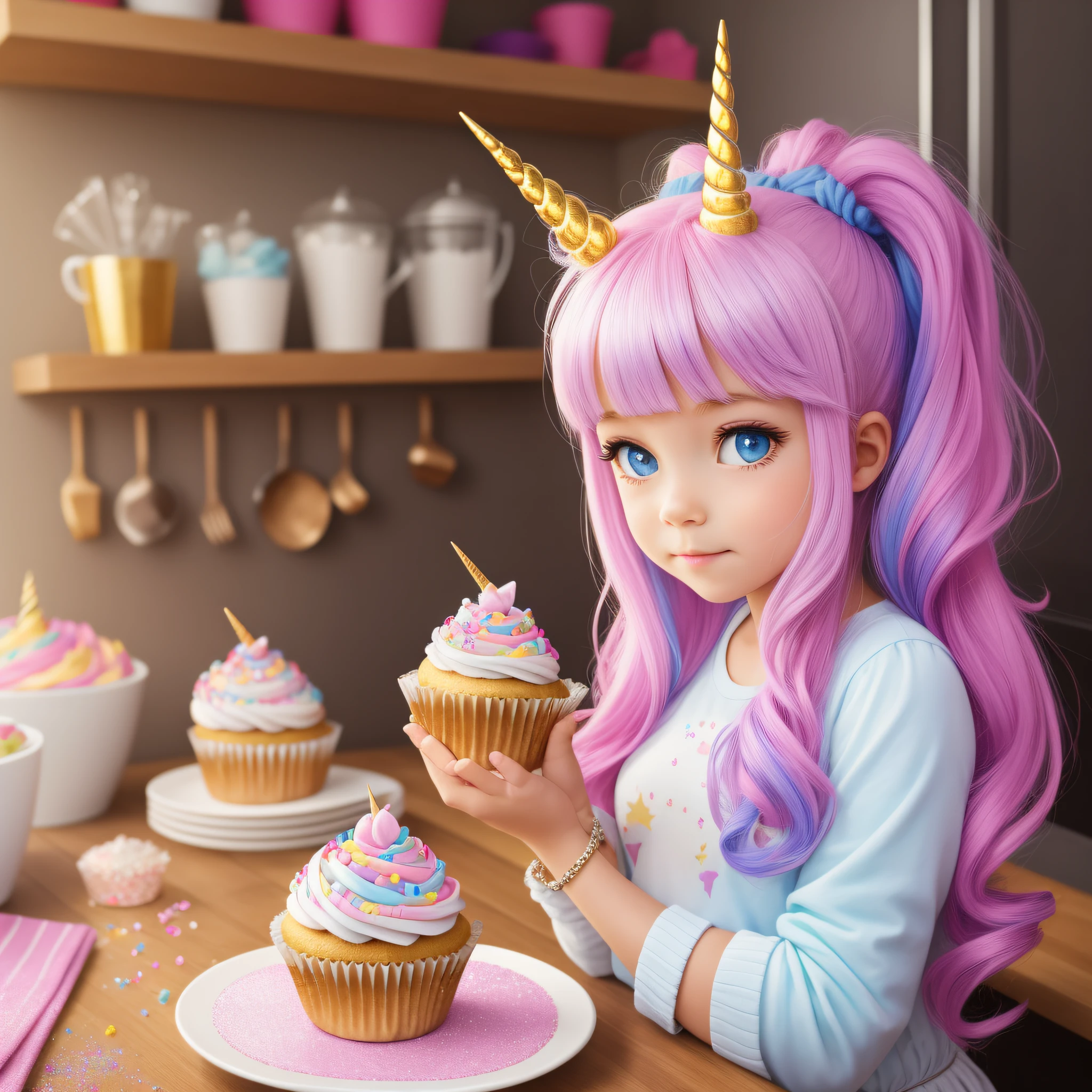 Unicorn, girl, glittering cupcake, in the kitchen