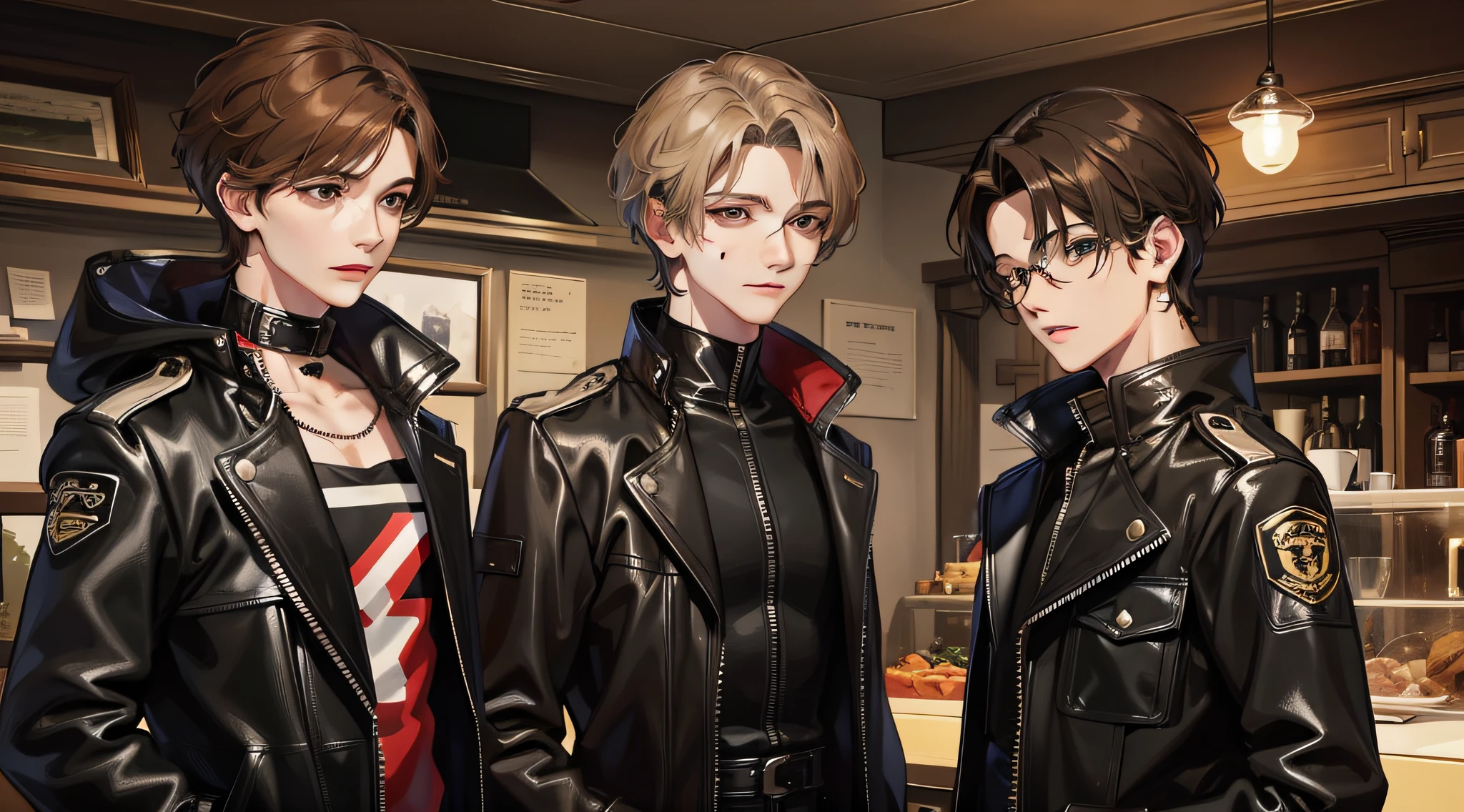 Two young men with upper bodies, front faces, brown hair, black storm jackets