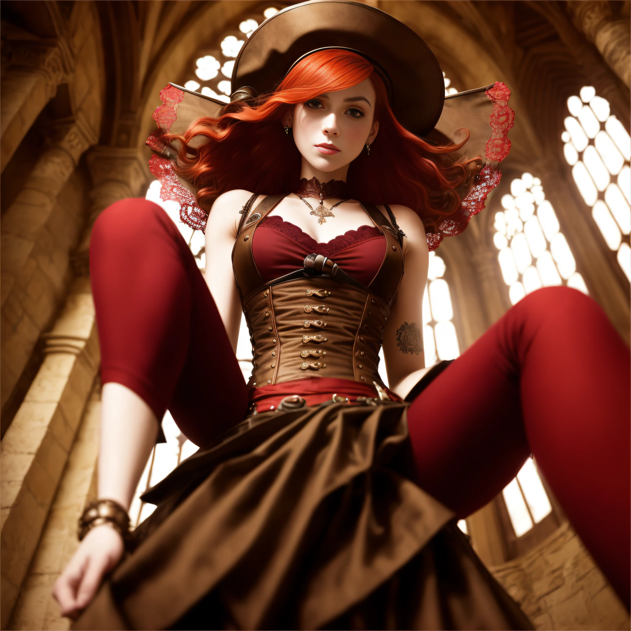 girl, girl, (from_below:1.3) (lying:1.2), (hand_on_hip:1.2), red_hair,ponytail, steampunk, brown, lace_trim, intricate skirt, (female focus:1.3), church, holding pendant, jewelry, (full_body:1.4), (((realistic))), (sharp focus:1.4), masterpiece, high quality, realistic lighting, center of frame, 8k, hdr